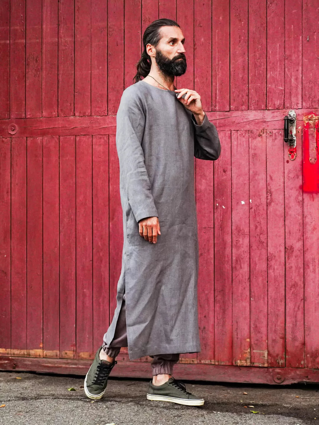 Men’s Long Linen T-Shirt, Kaftan LOTAN in Dark grey