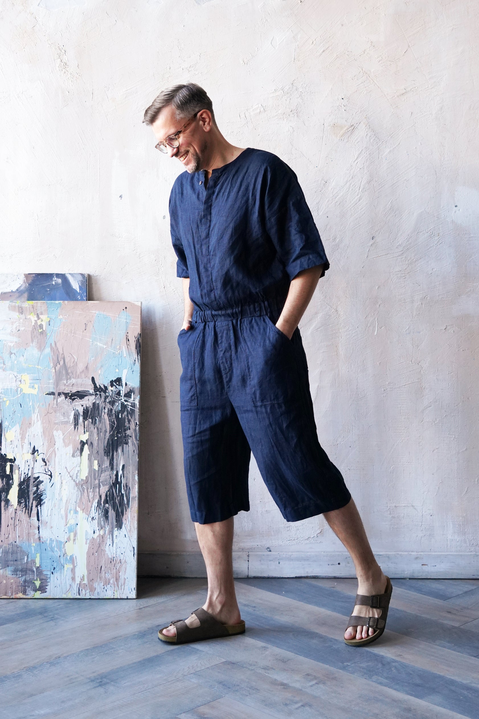 Mens Linen Jumpsuit Canna in Dark Blue