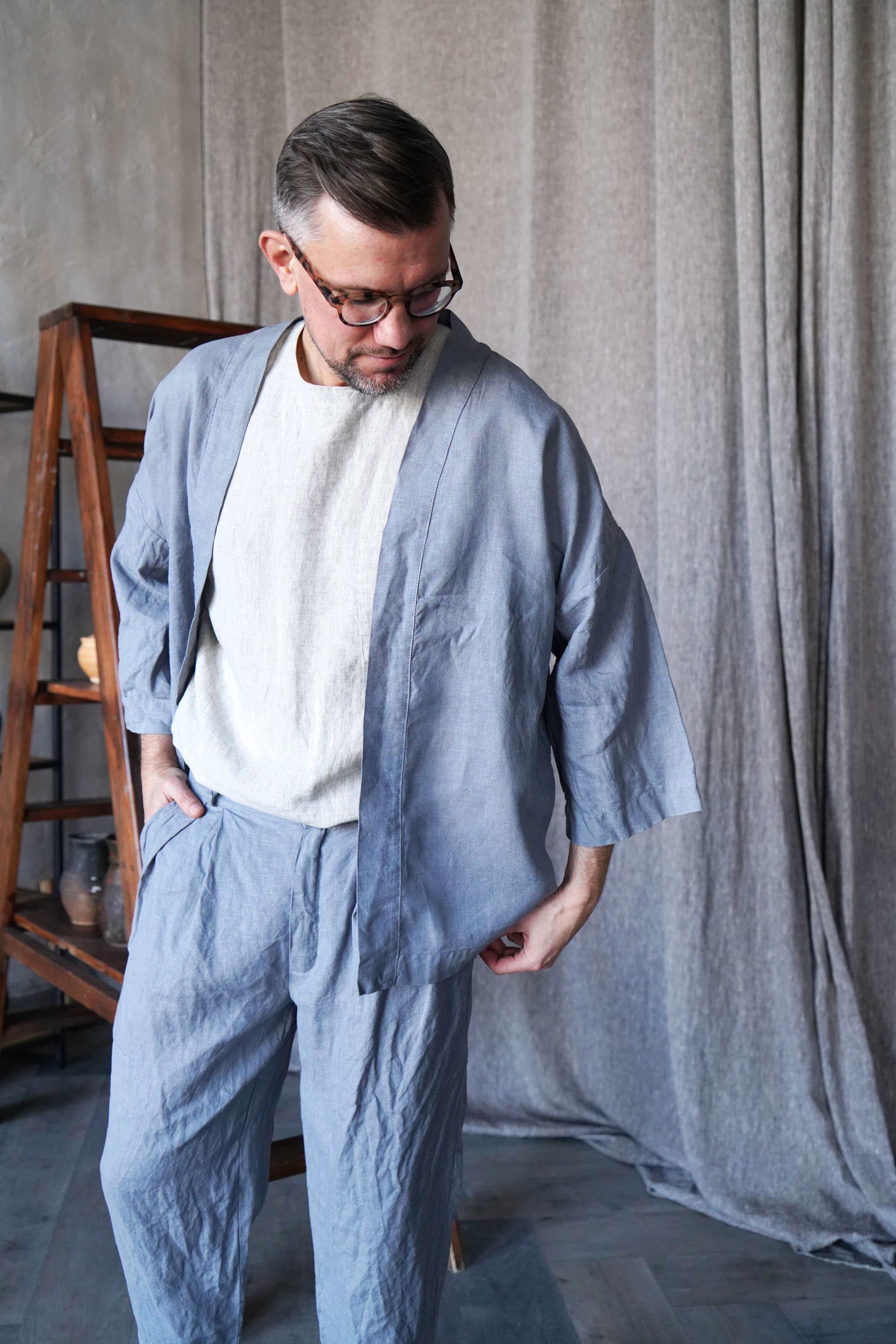 Mens Linen Kimono Jacket TANSY in Light grey