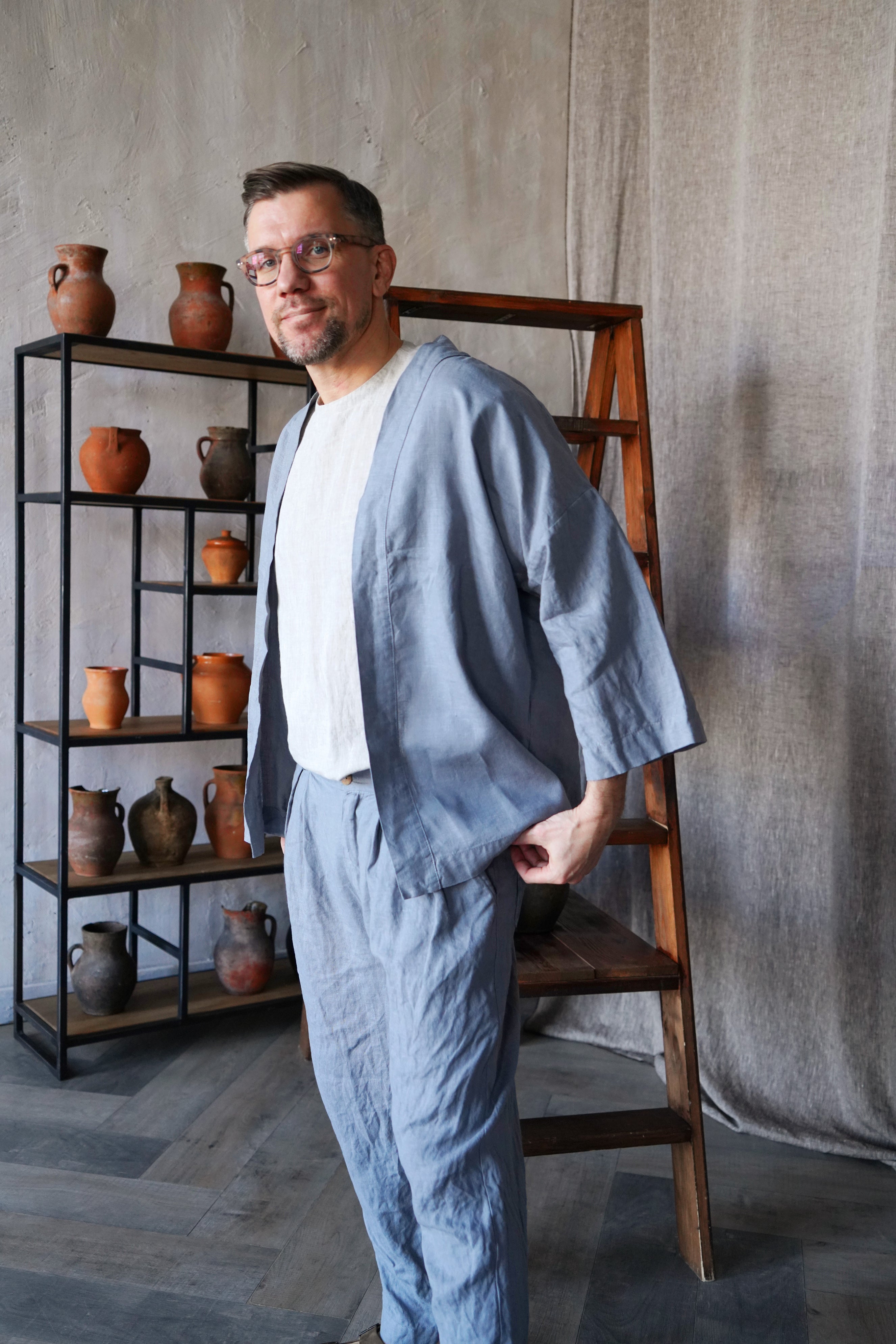 Mens Linen Kimono Jacket TANSY in Light grey