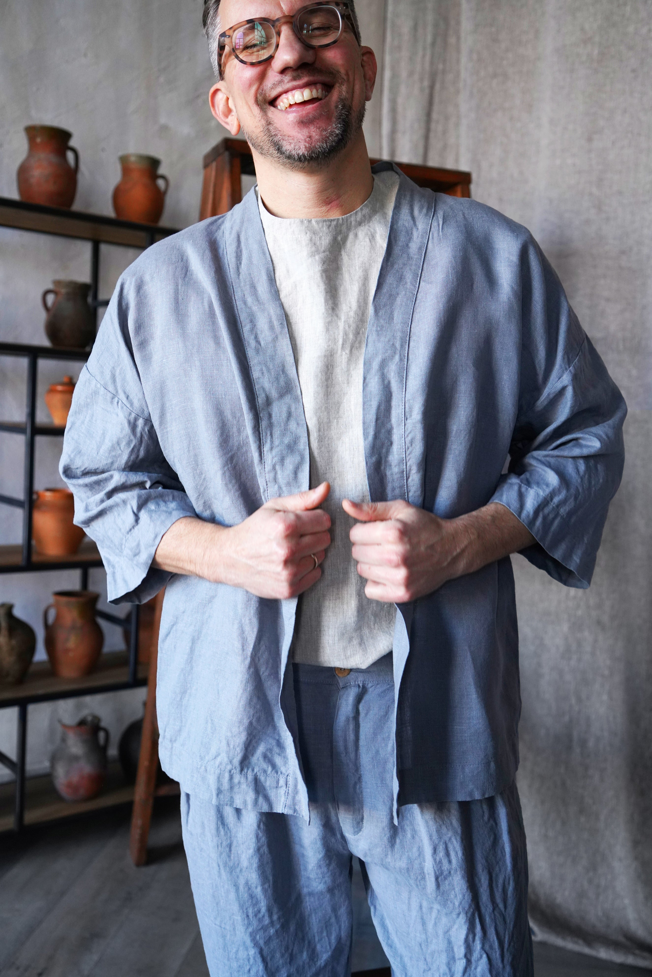 Mens Linen Kimono Jacket TANSY in Light grey