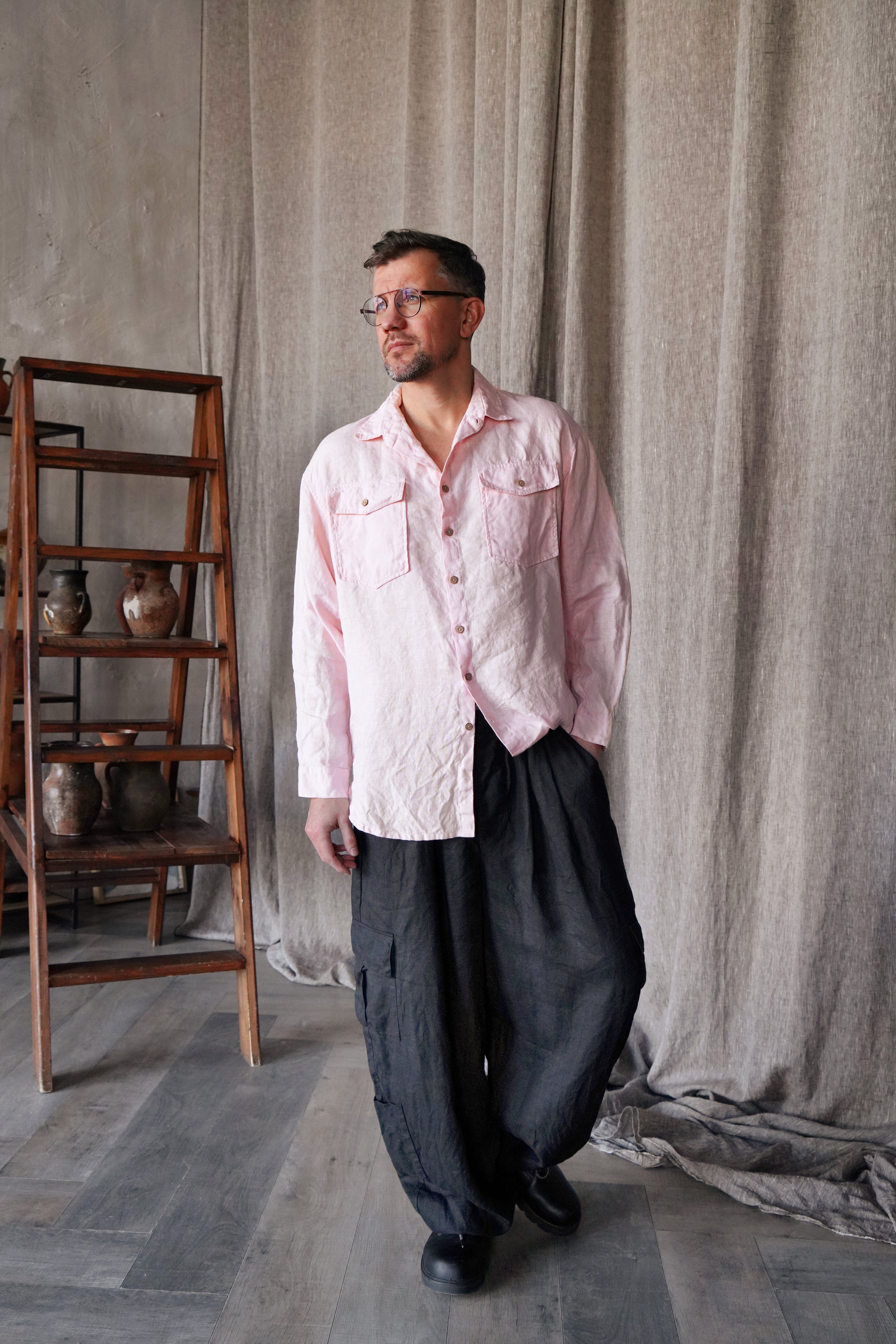 Mens relaxed linen shirt SANDWOOD in Light pink