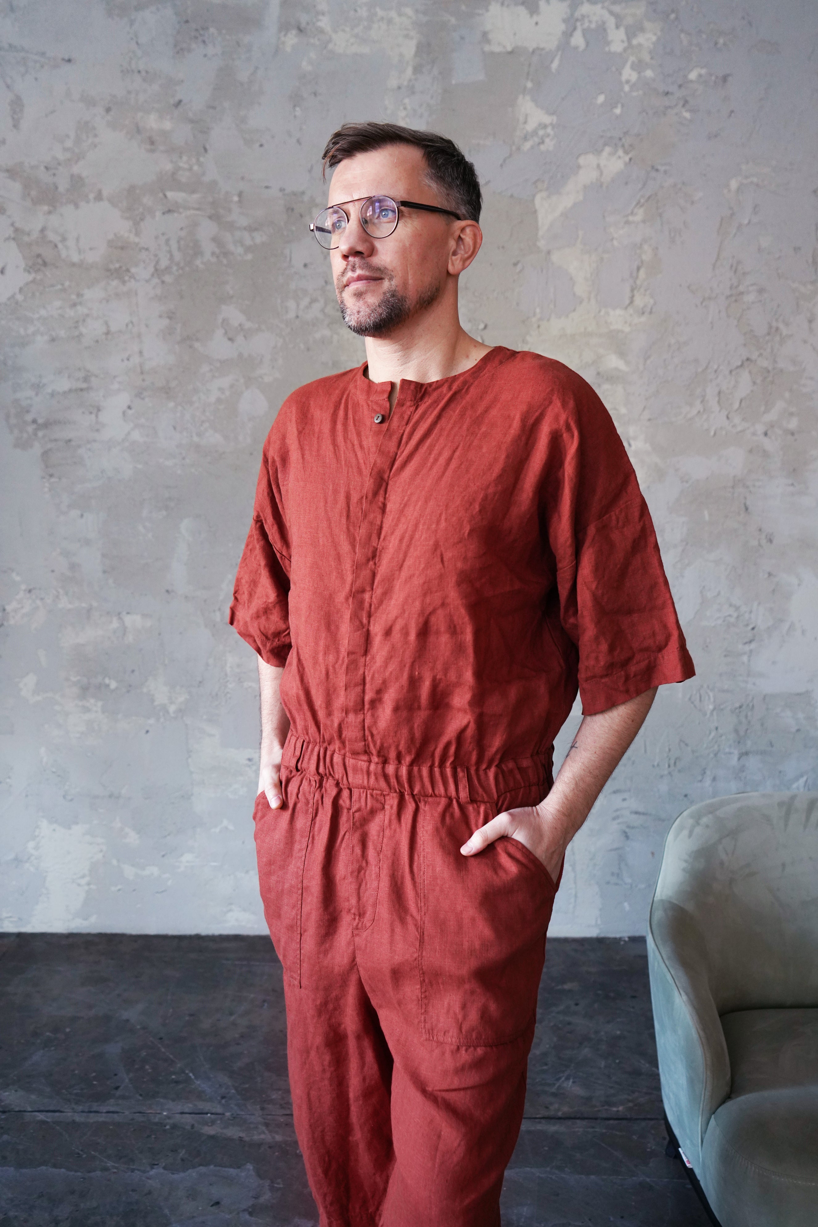 Mens Linen Jumpsuit Canna in Terracotta