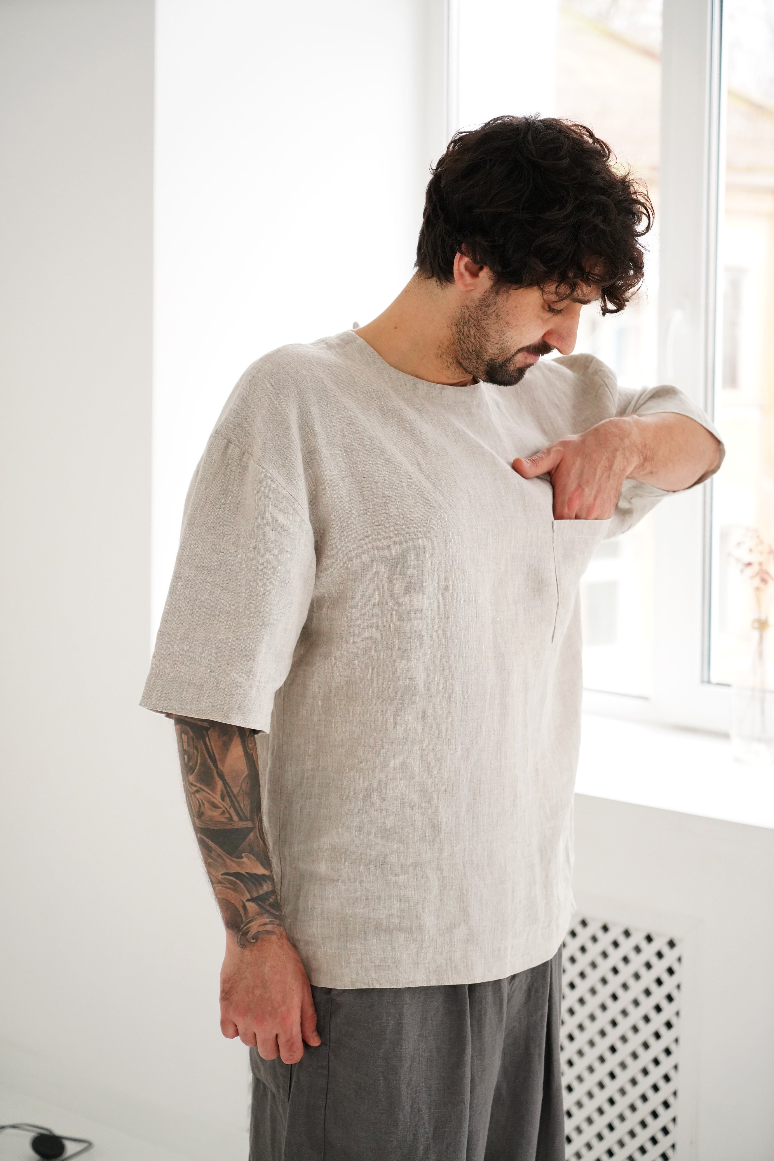 Men's Oversized Linen T-Shirt SUMIRE in Beige