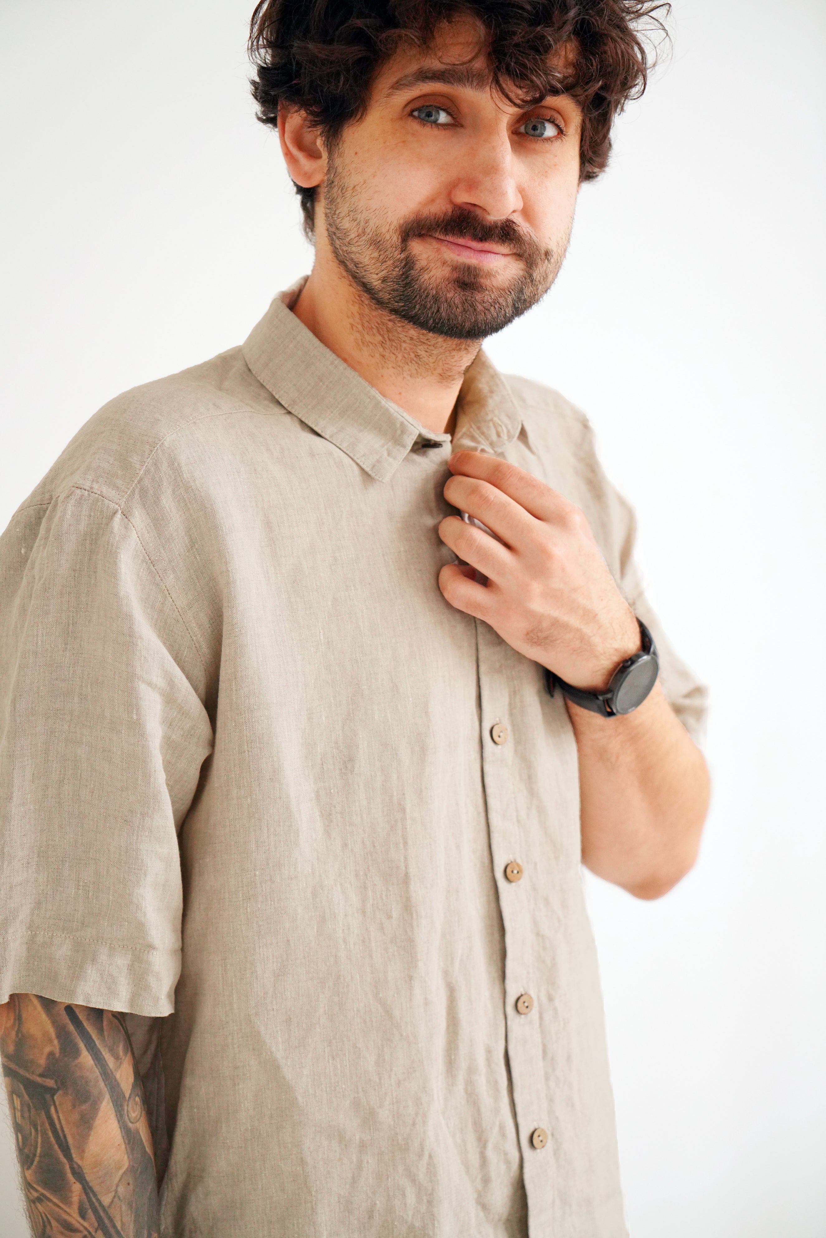 Men’s short sleeve linen shirt GARNET in Beige