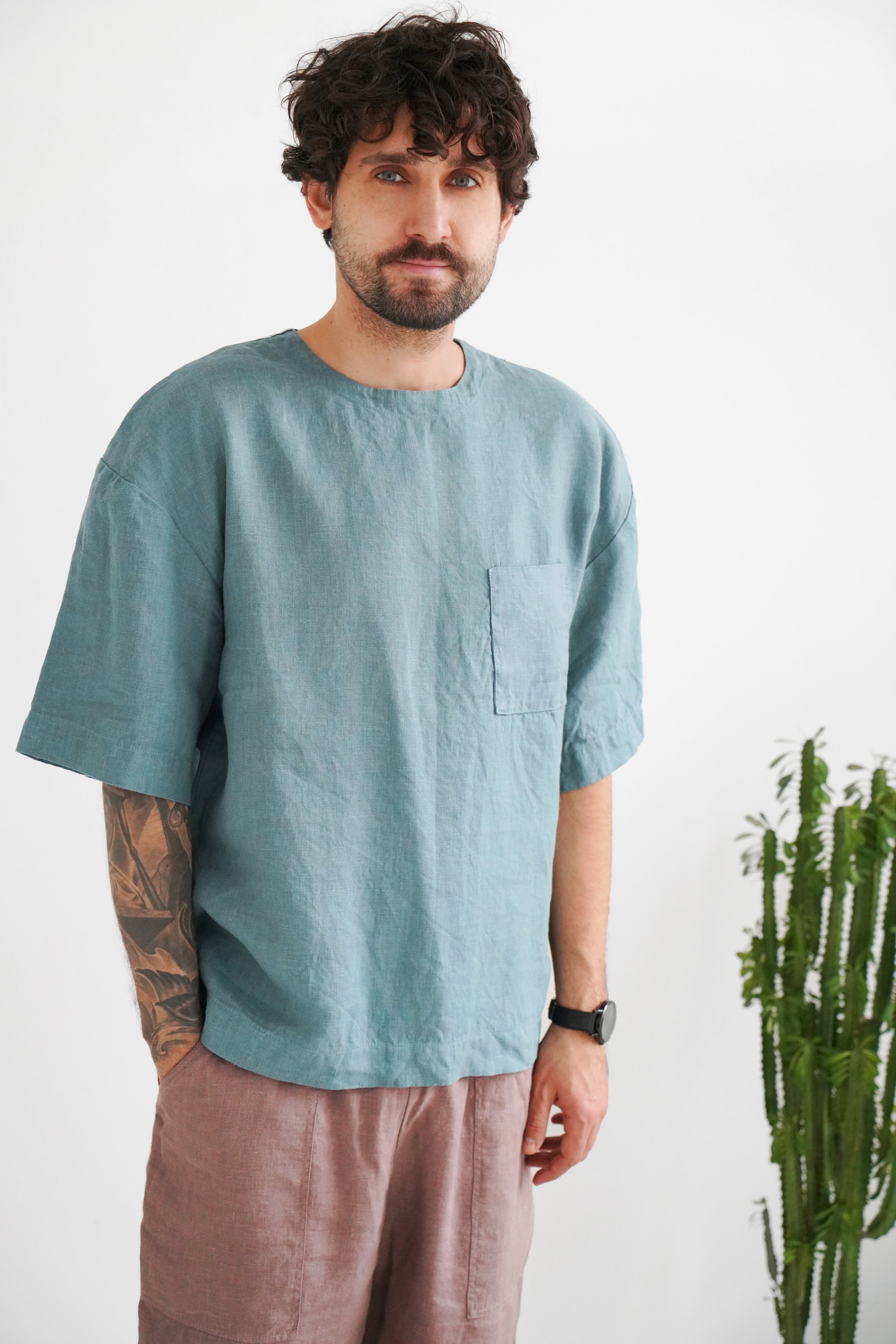 Men’s Oversized Linen T-Shirt SUMIRE in Blue grey