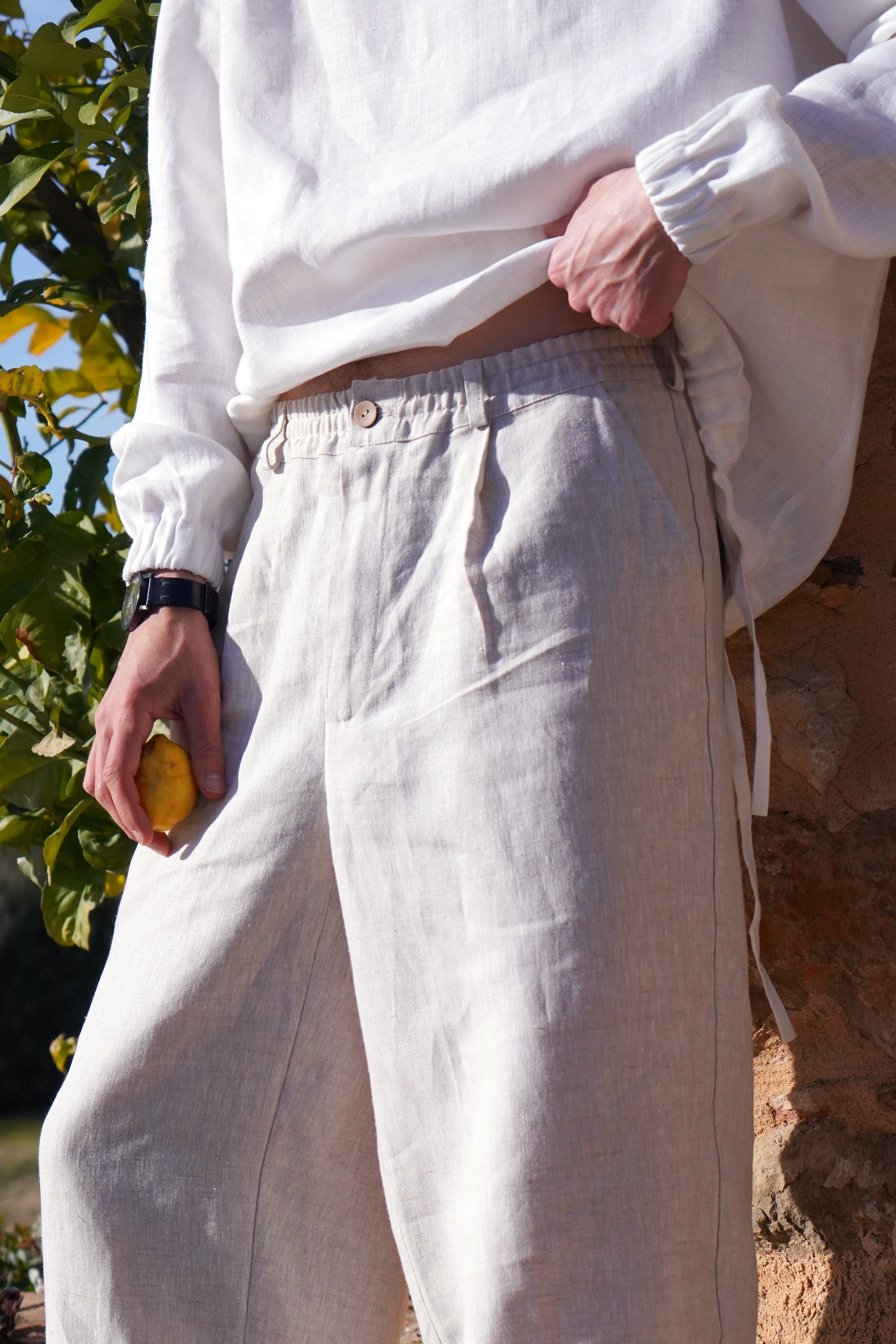 Men’s Pleated Linen Pants with Elastic Cuffs OLMO in Beige