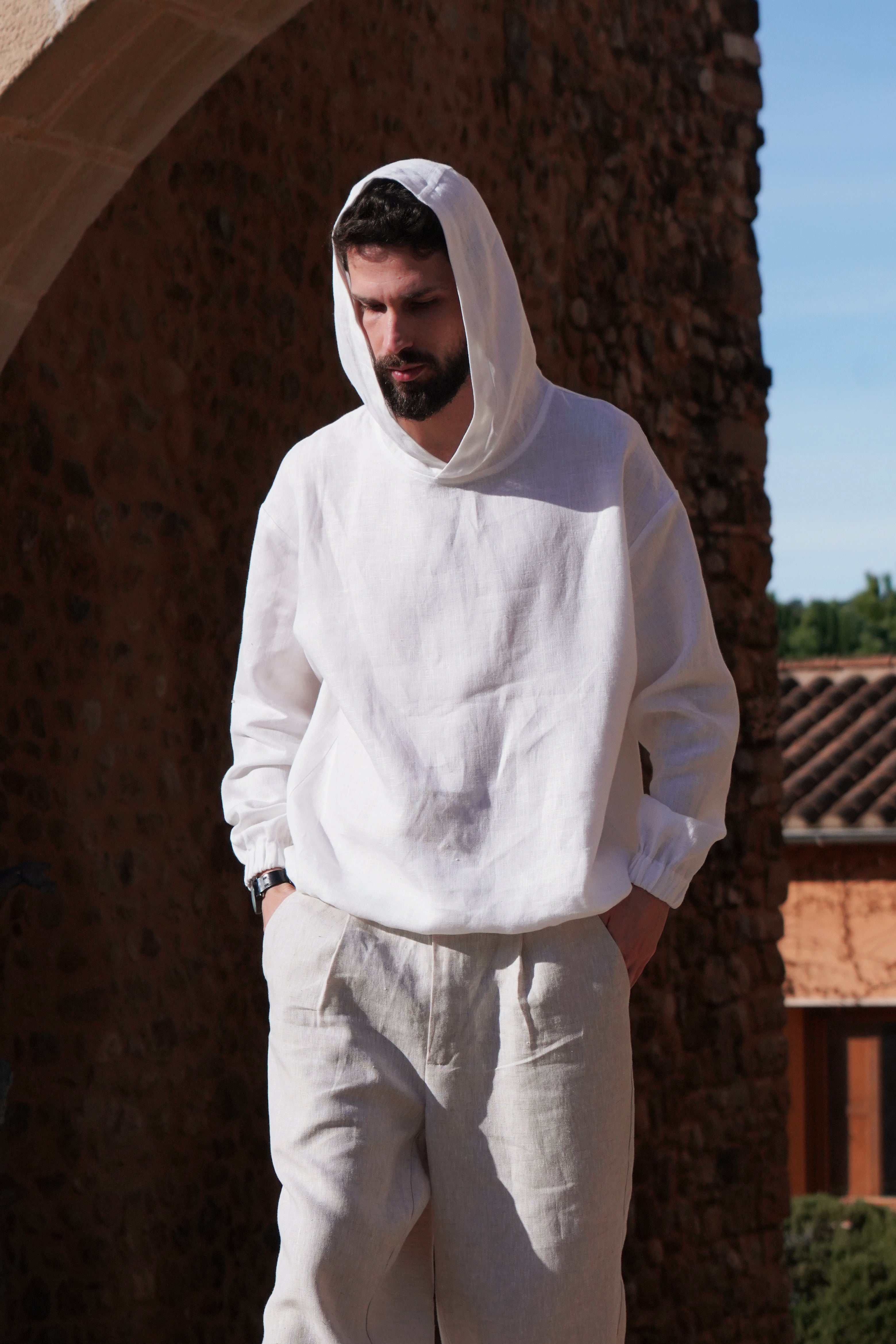 Relaxed linen hoodie CEDRUS in White