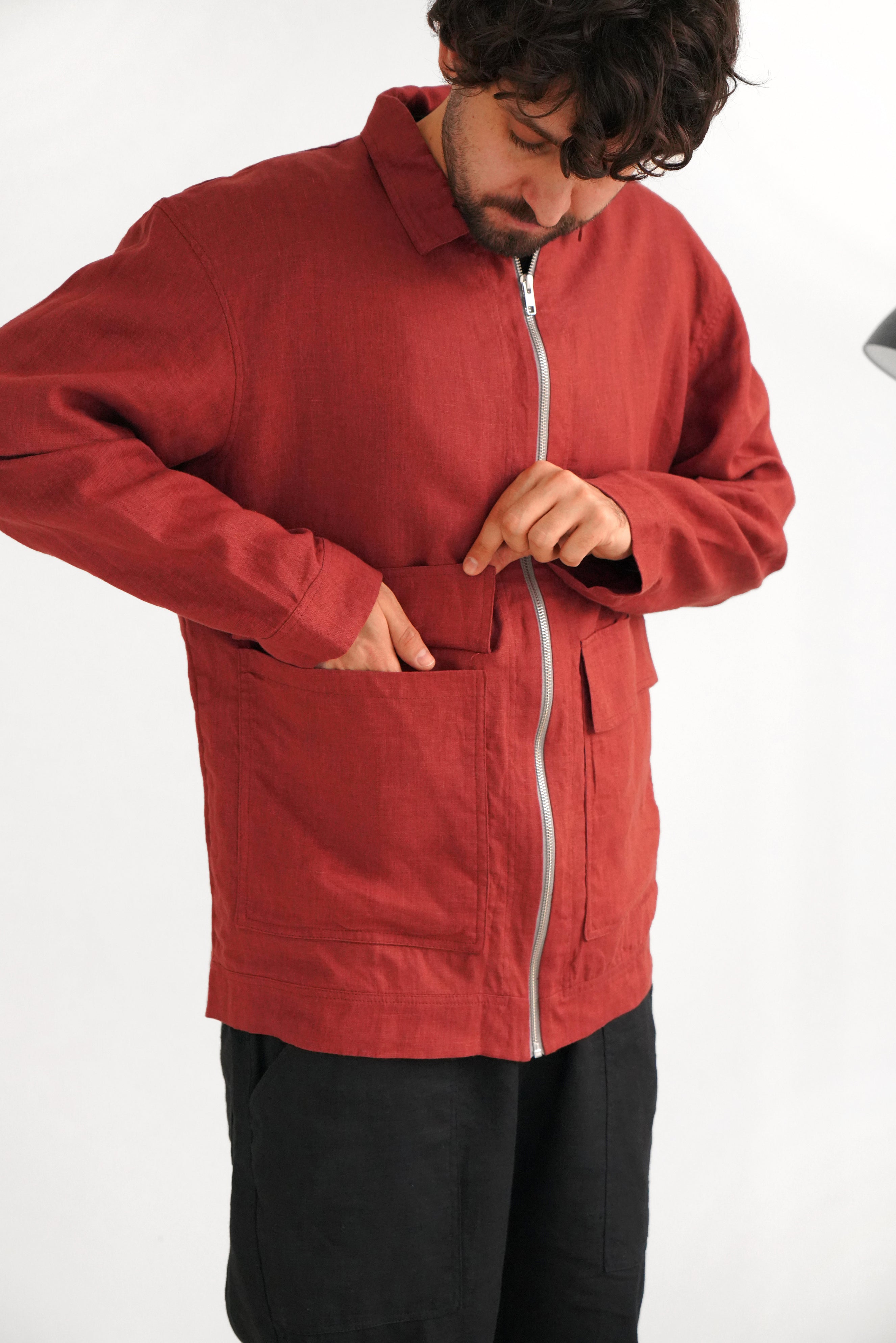 Men’s Linen Bomber Jacket BERGAMOT in Terracotta