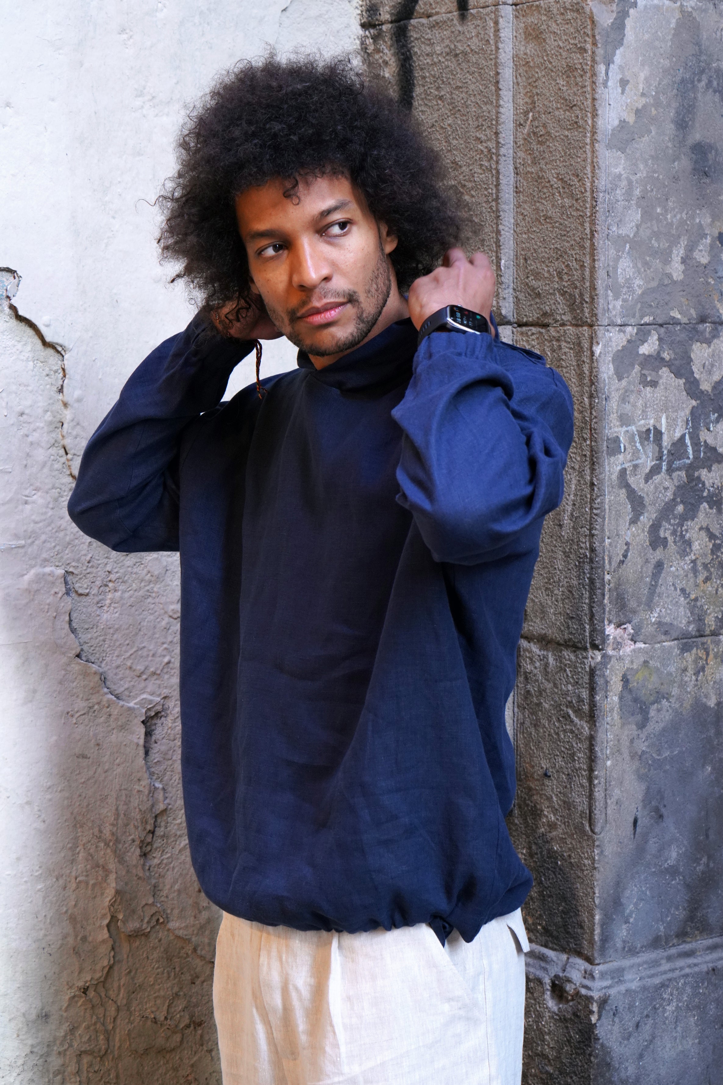 Relaxed linen hoodie CEDRUS in Dark blue