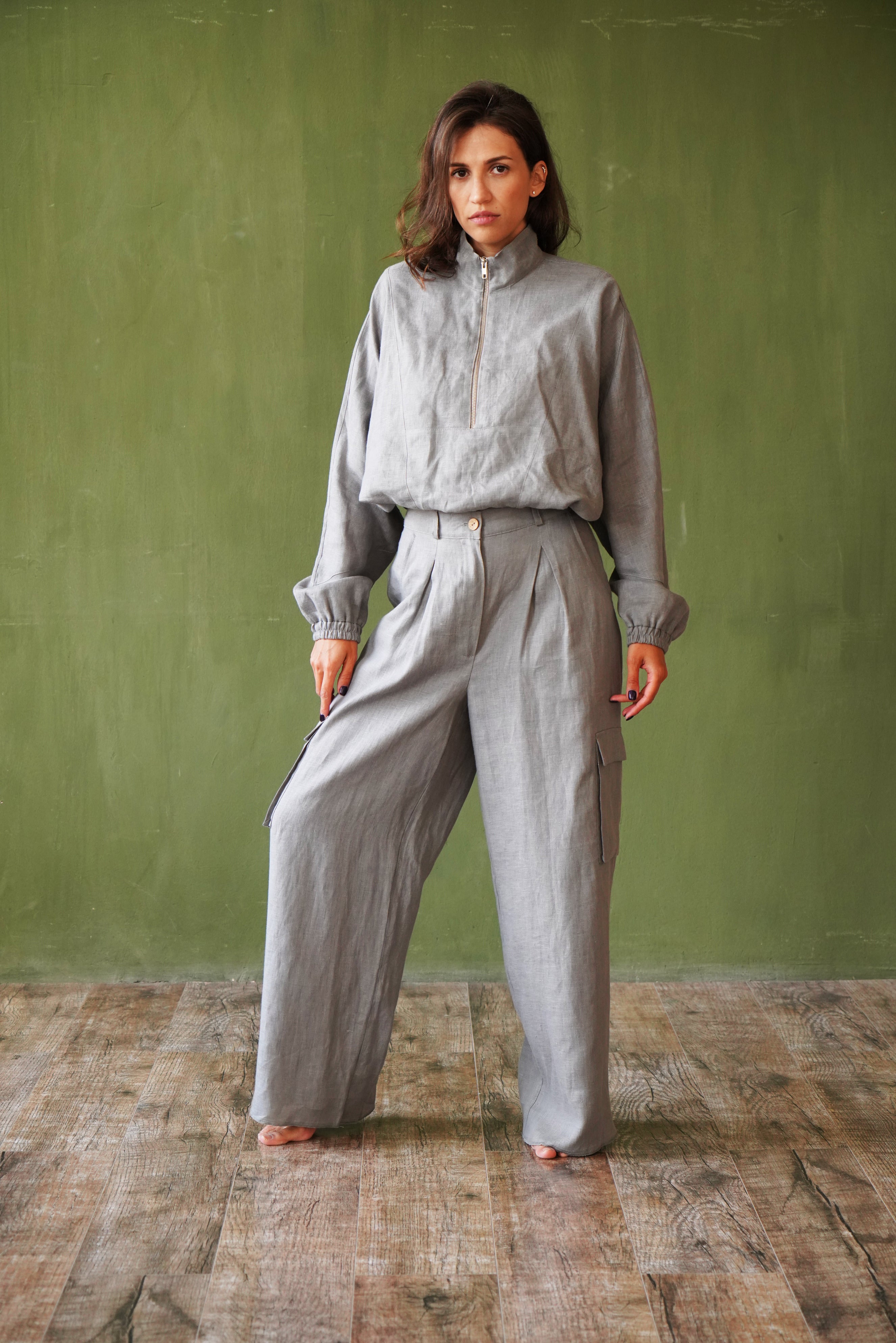 Wide Linen Cargo Pants ALBA in Light grey