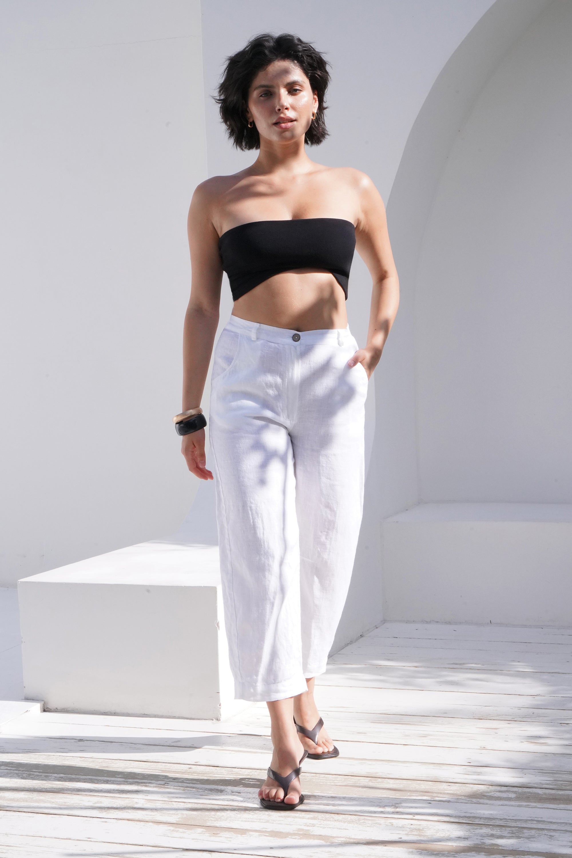 Women’s Linen Straight-Leg Pants MENTA in White