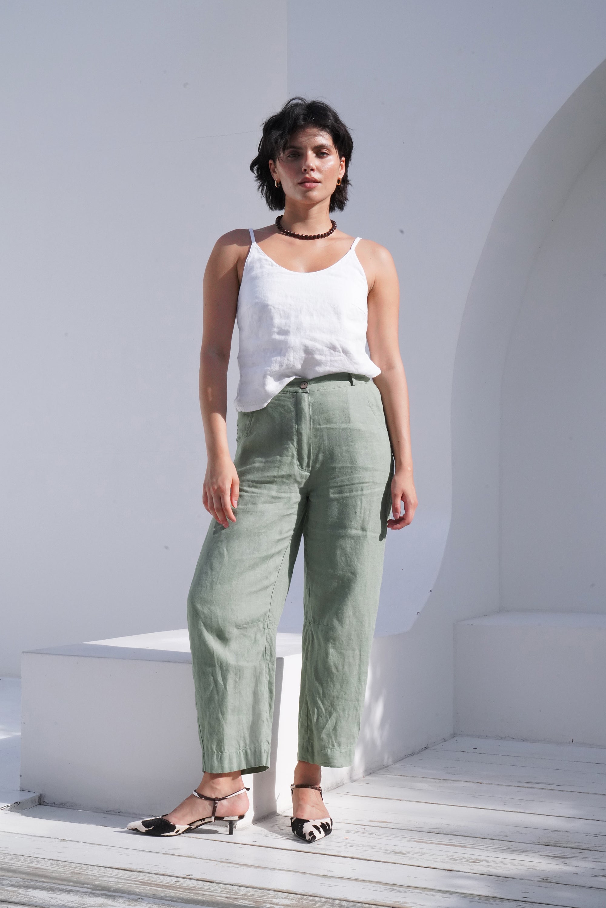 Women’s Linen Straight-Leg Pants MENTA in Olive