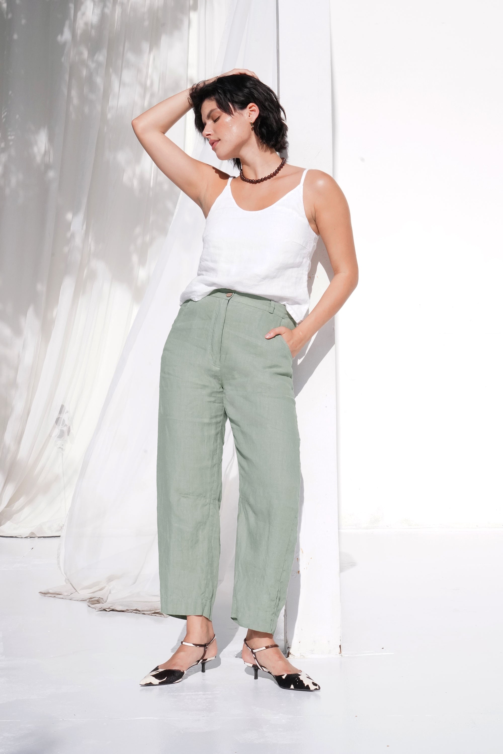 Women’s Linen Straight-Leg Pants MENTA in Olive