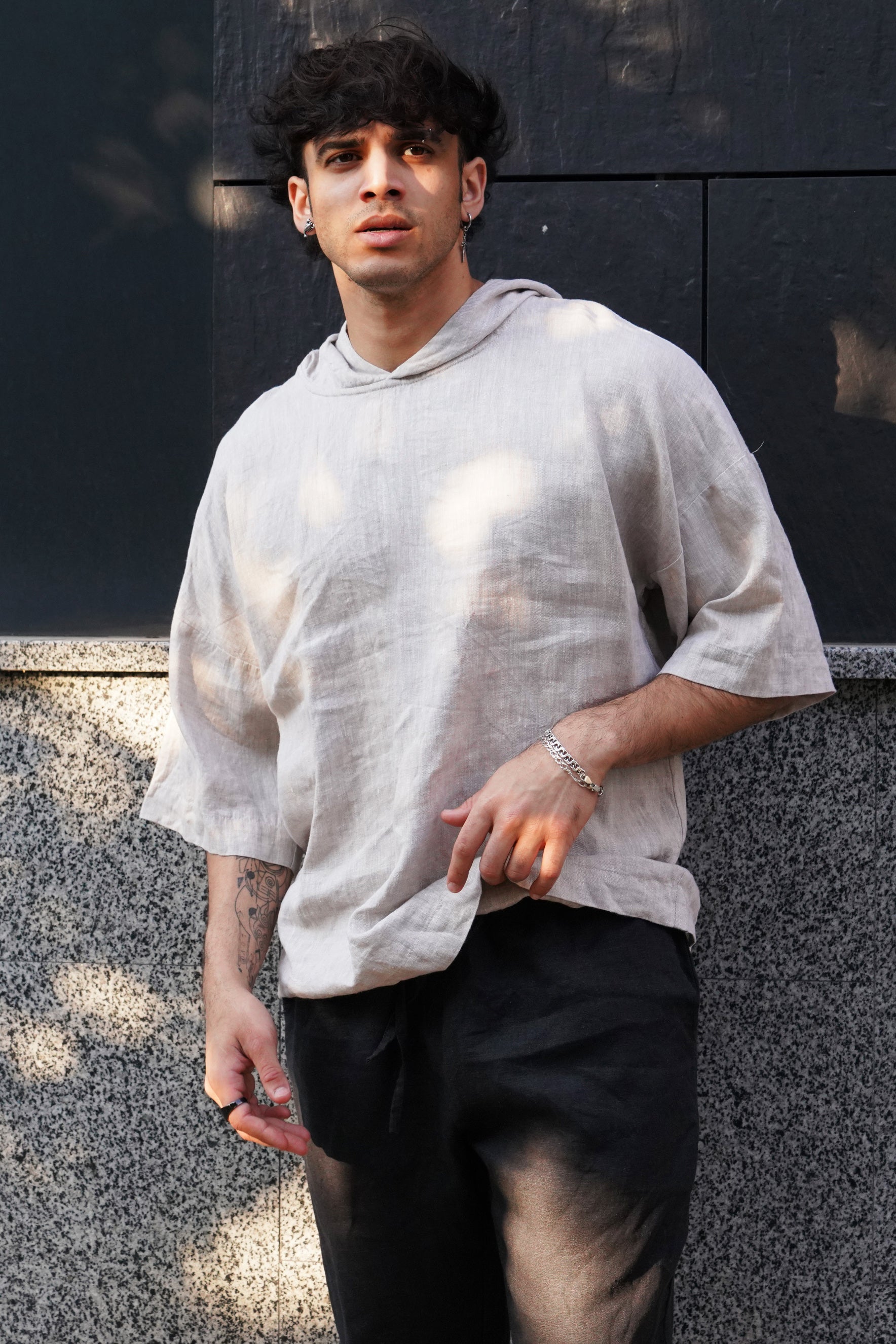 Linen Hooded T-shirt SHOBU in Beige