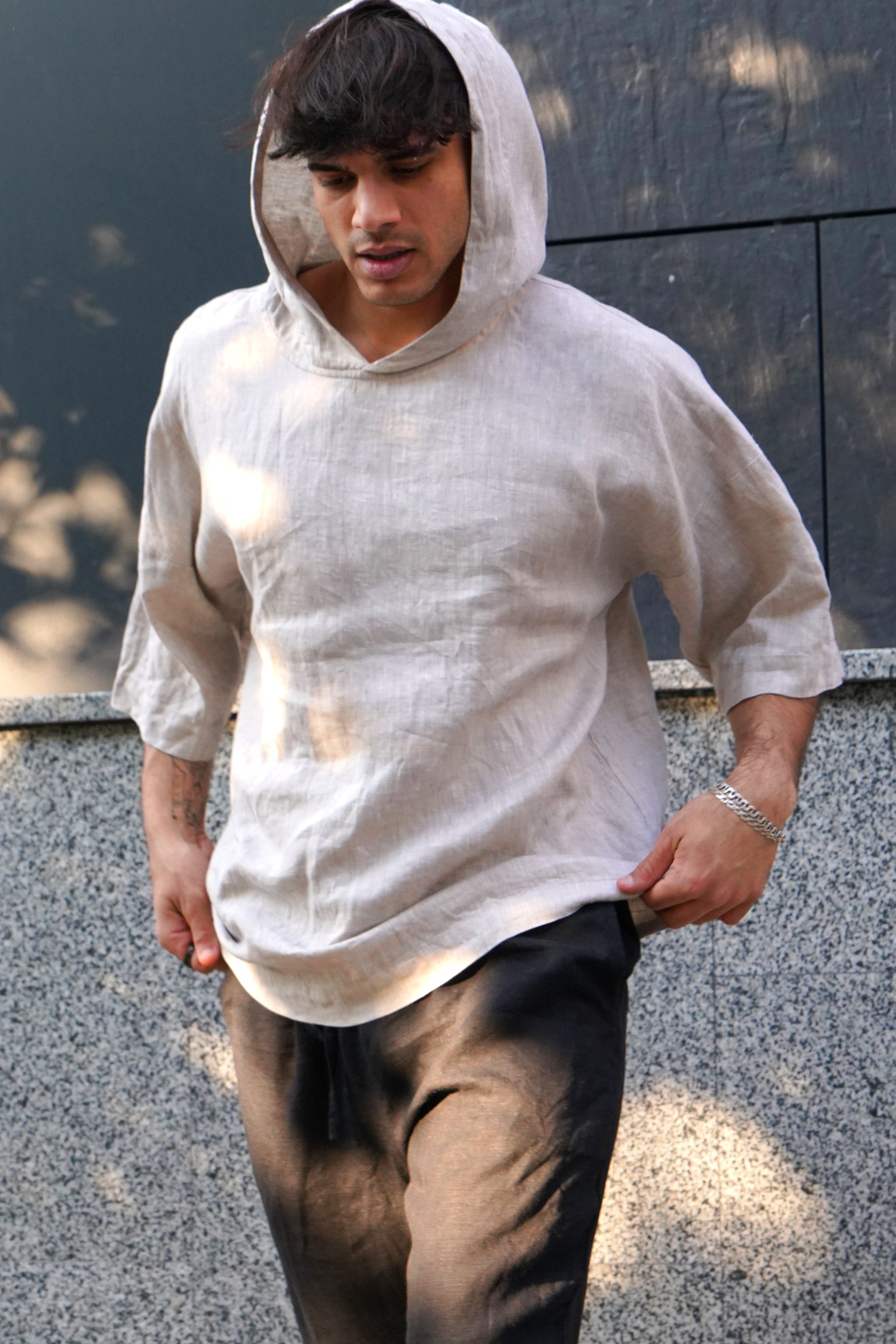 Linen Hooded T-shirt SHOBU in Beige