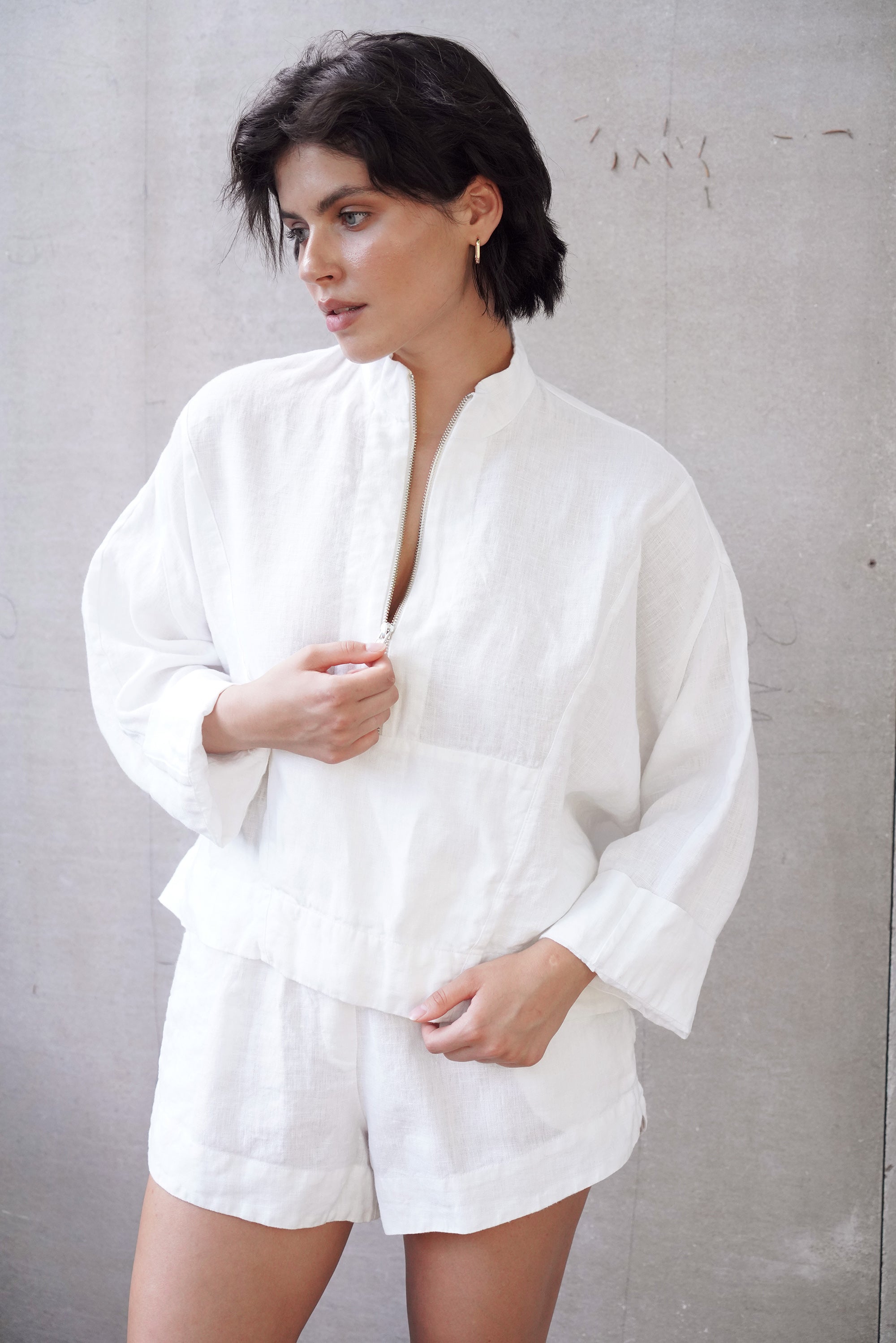 Women's Linen Zip Pullover Top TULIP in White