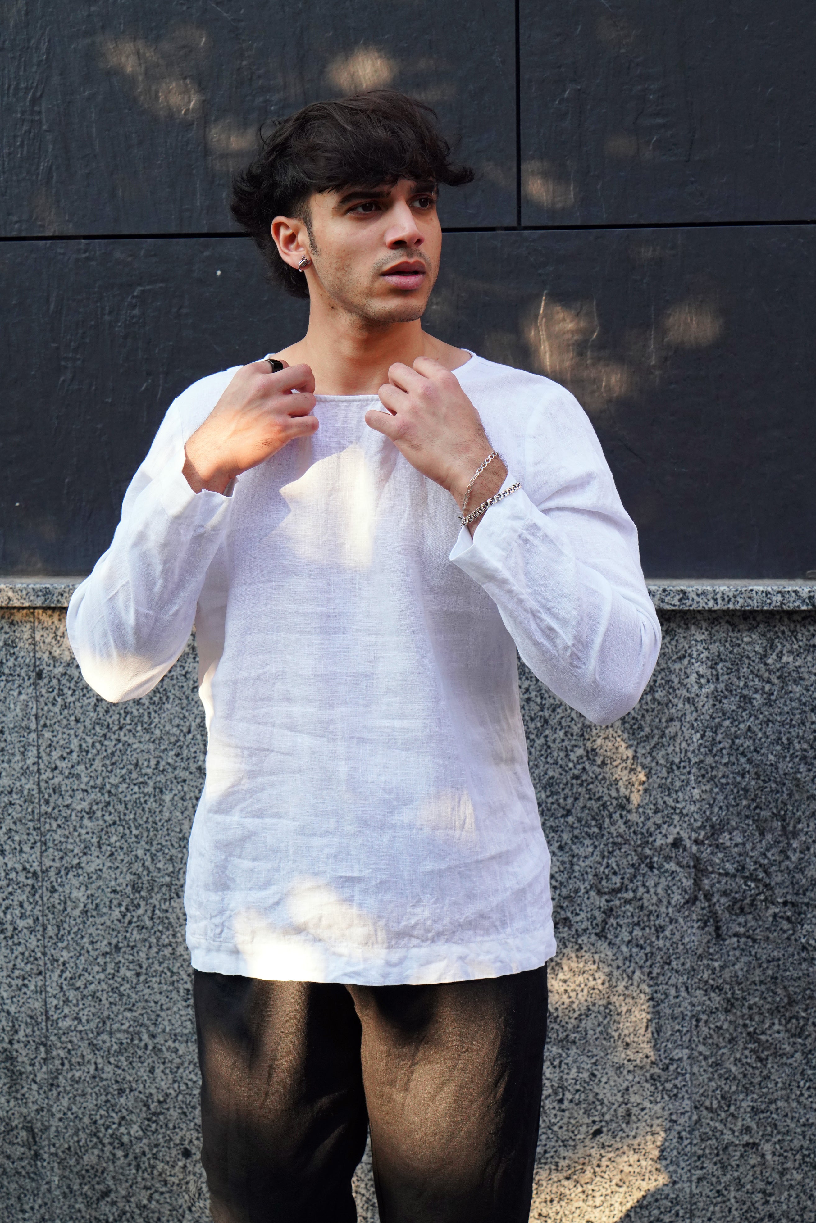 Long Sleeve Linen T-Shirt BIRCH in White