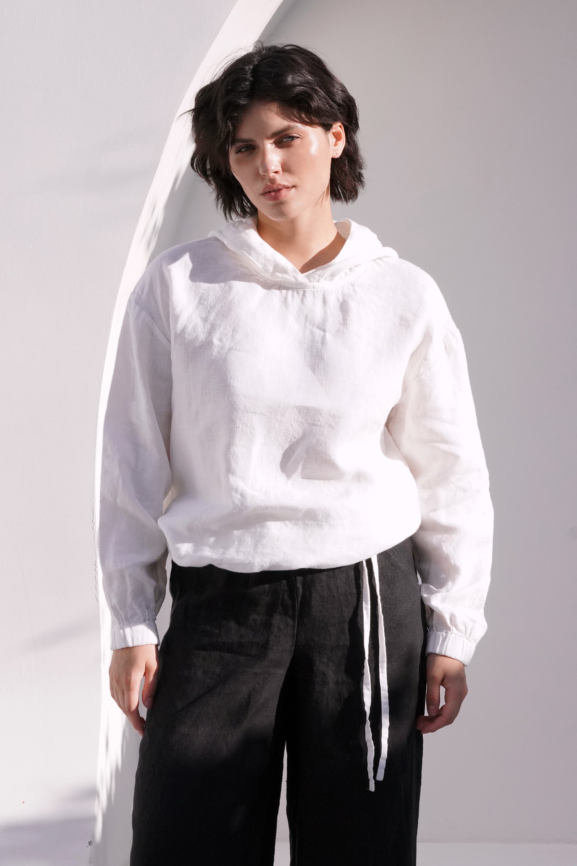 Women's Linen Hoodie with Ties LAMIA in White