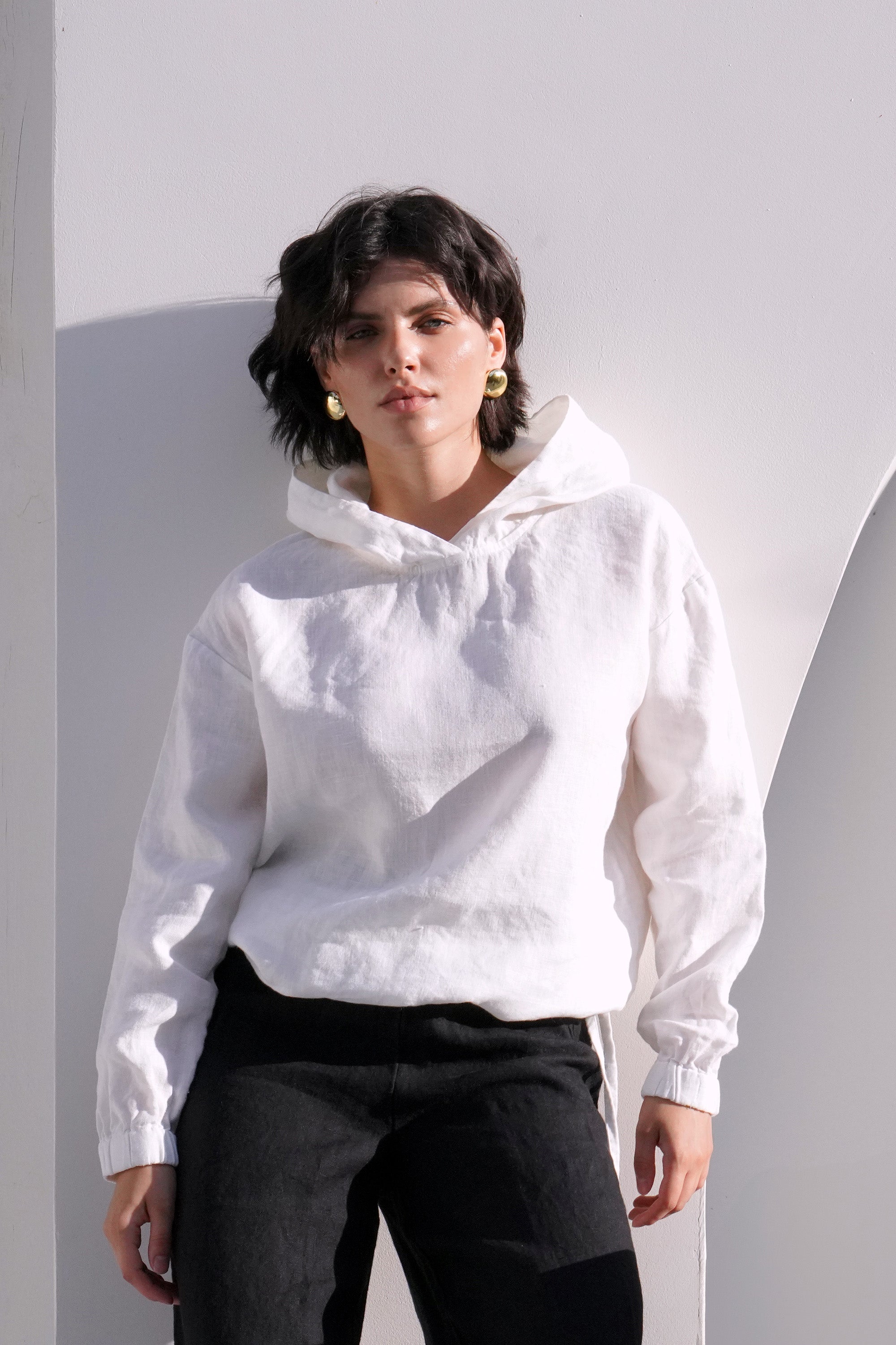 Women's Linen Hoodie with Ties LAMIA in White