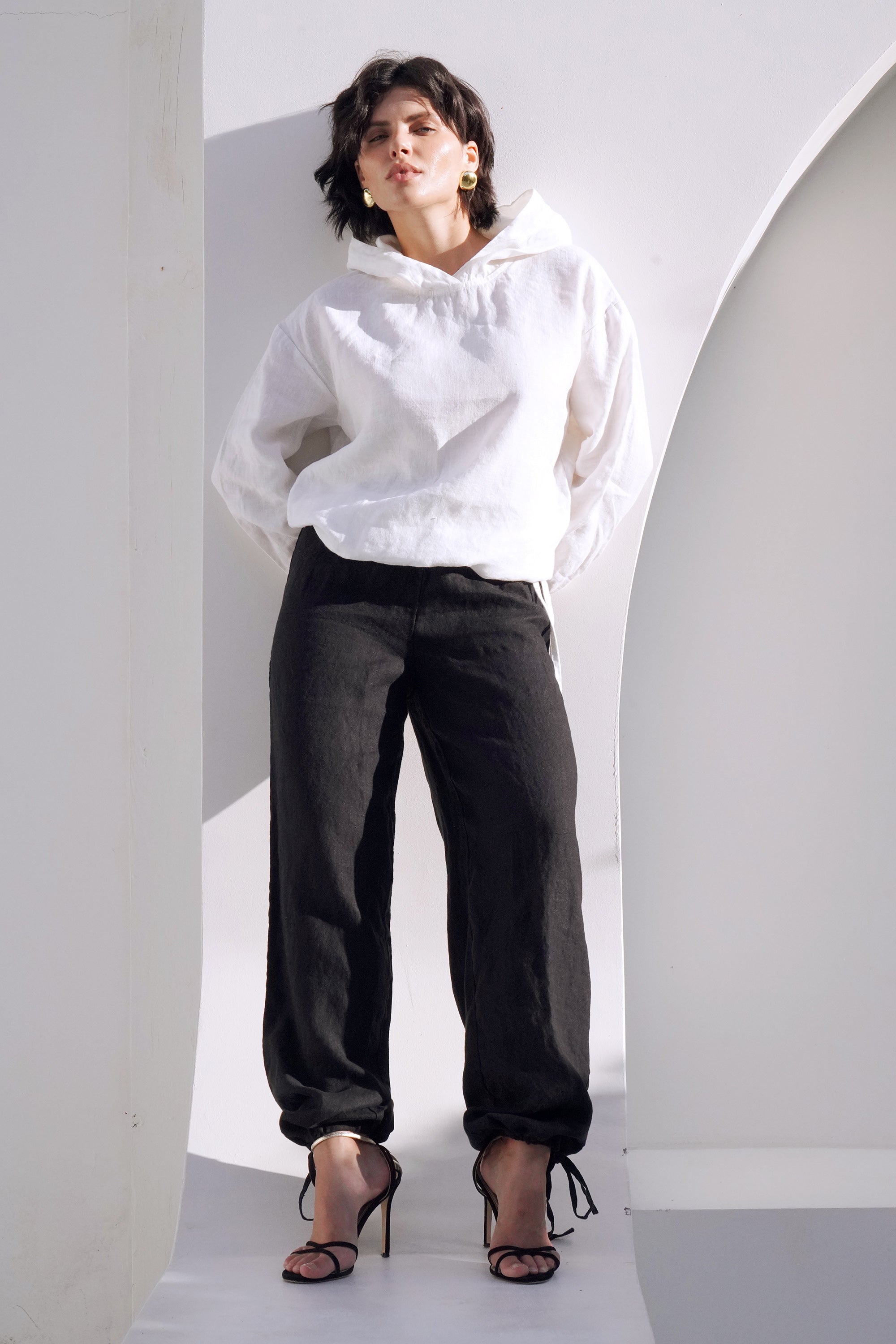 Women’s Linen Pants with Adjustable Cuffs PEONY in Black