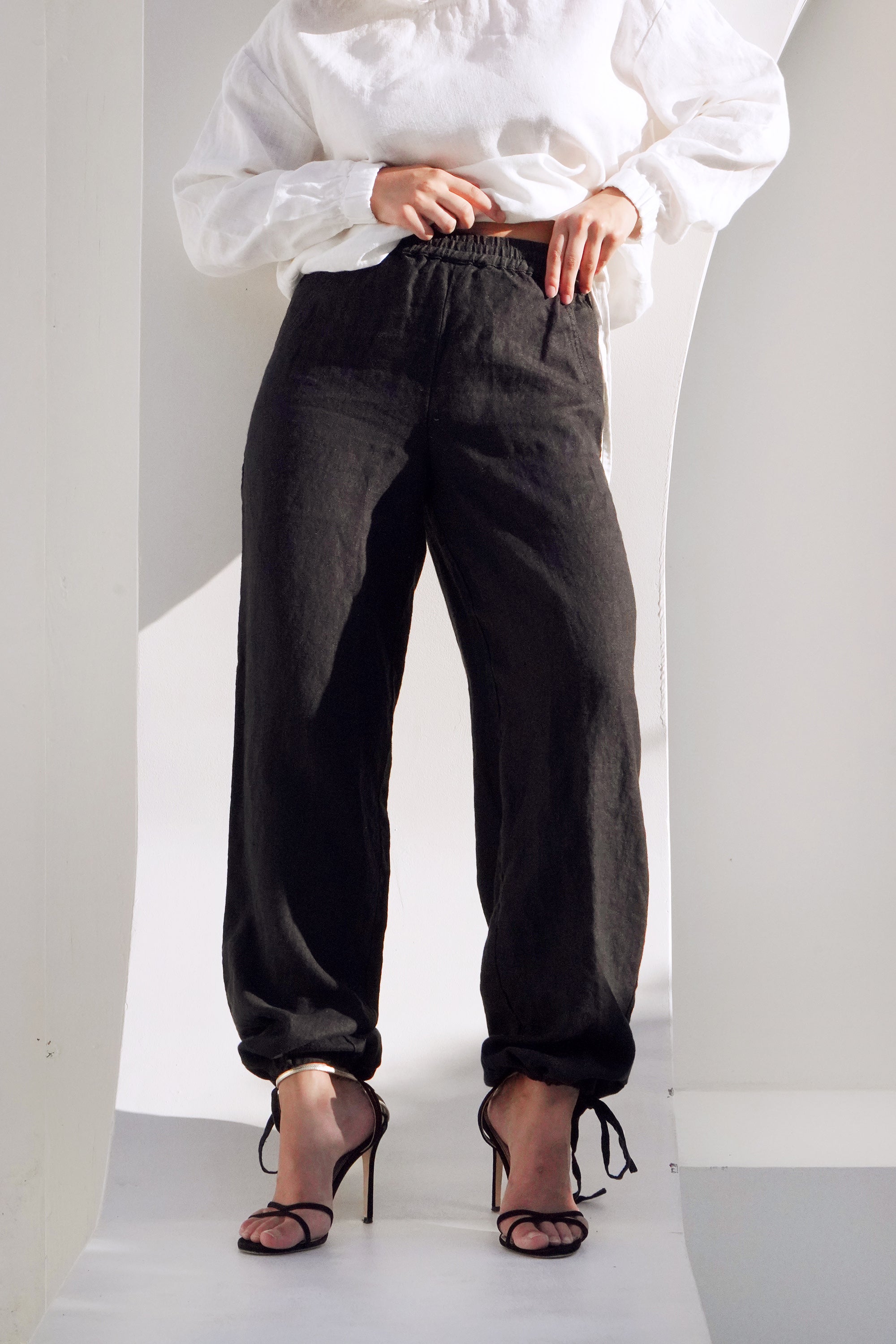 Women’s Linen Pants with Adjustable Cuffs PEONY in Black
