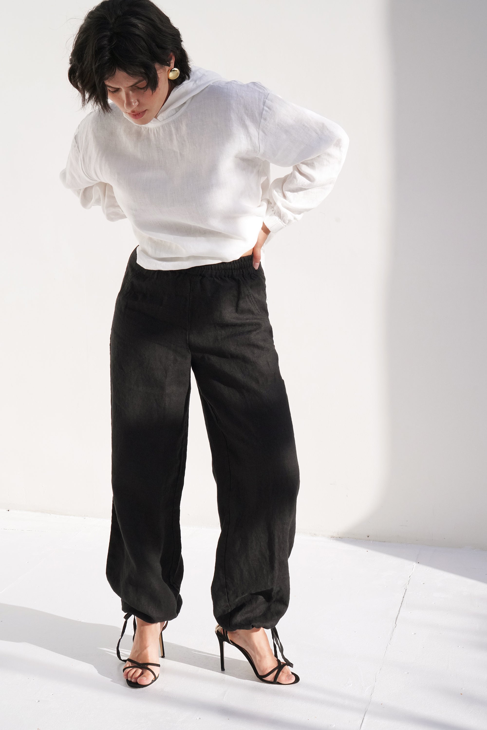 Women’s Linen Pants with Adjustable Cuffs PEONY in Black