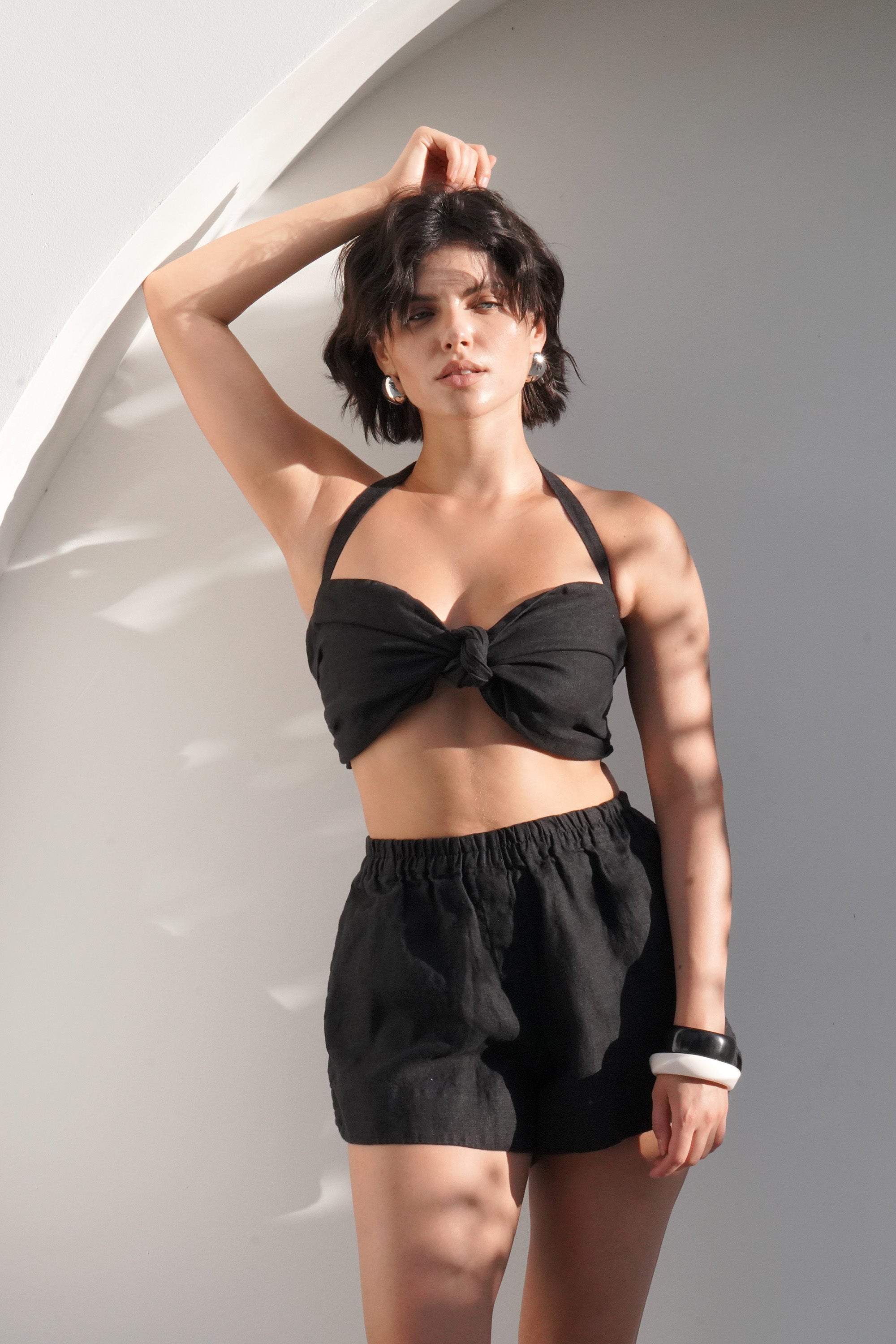 Linen Halter Top with Front Knot PETAL in Black
