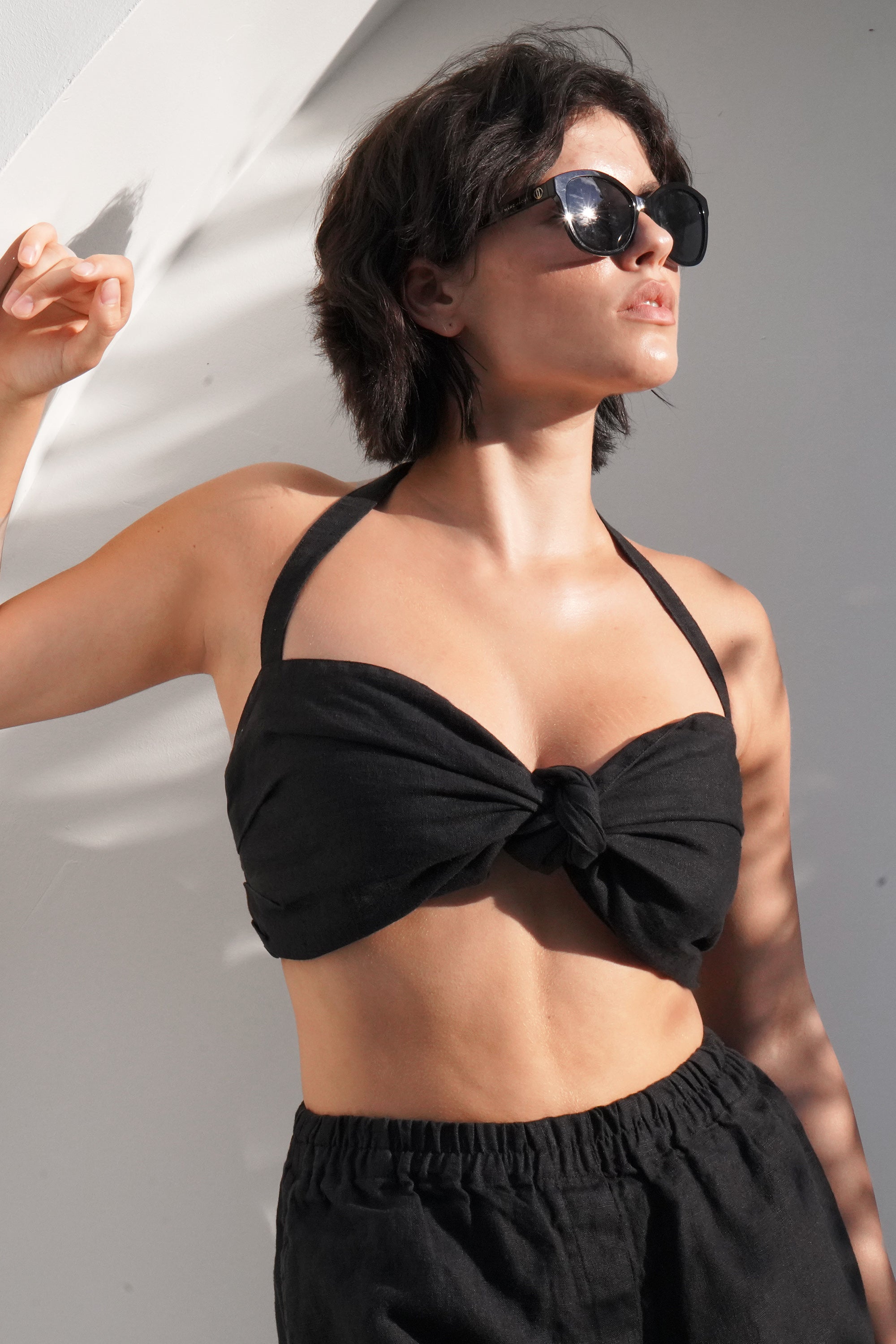 Linen Halter Top with Front Knot PETAL in Black