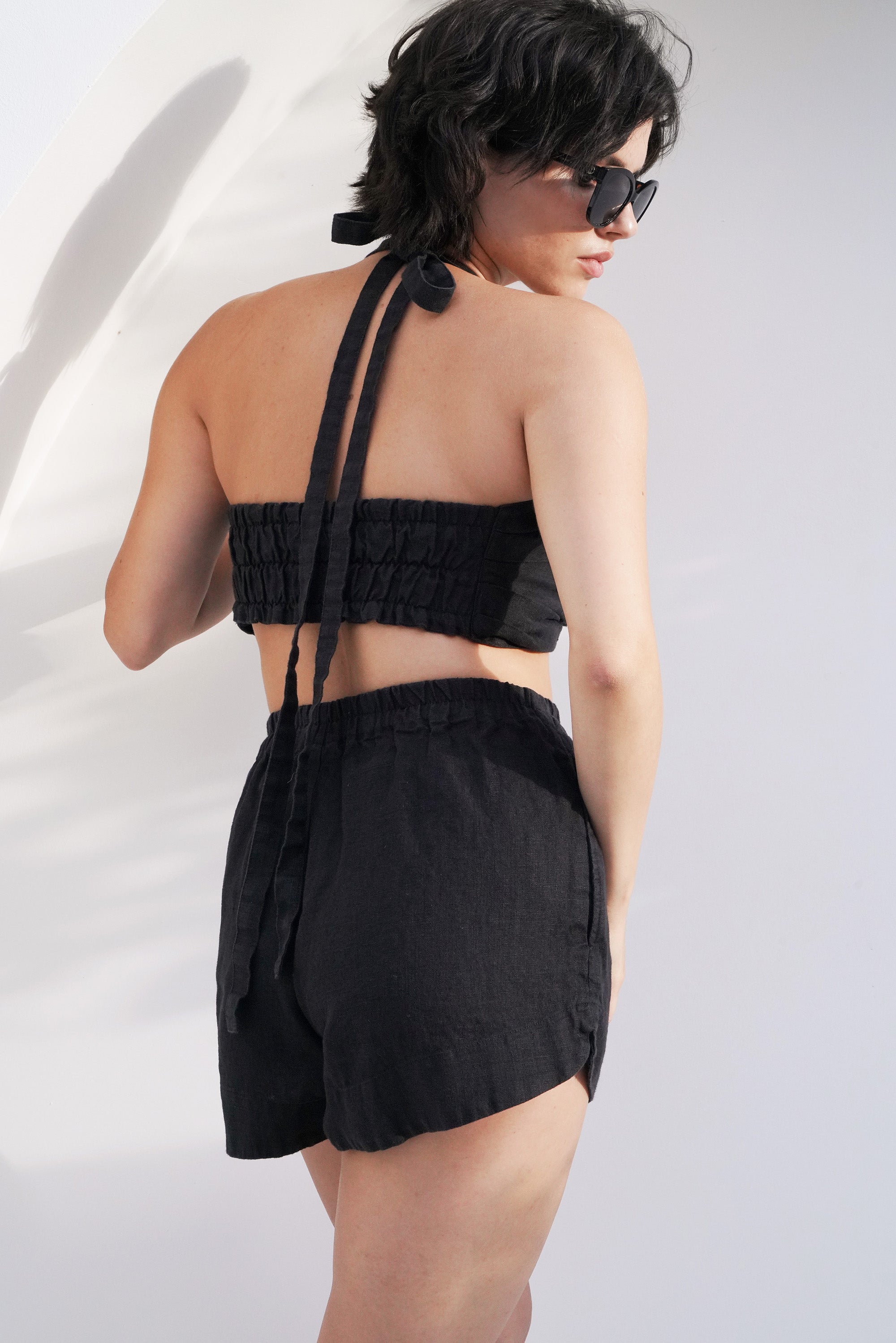 Linen Halter Top with Front Knot PETAL in Black