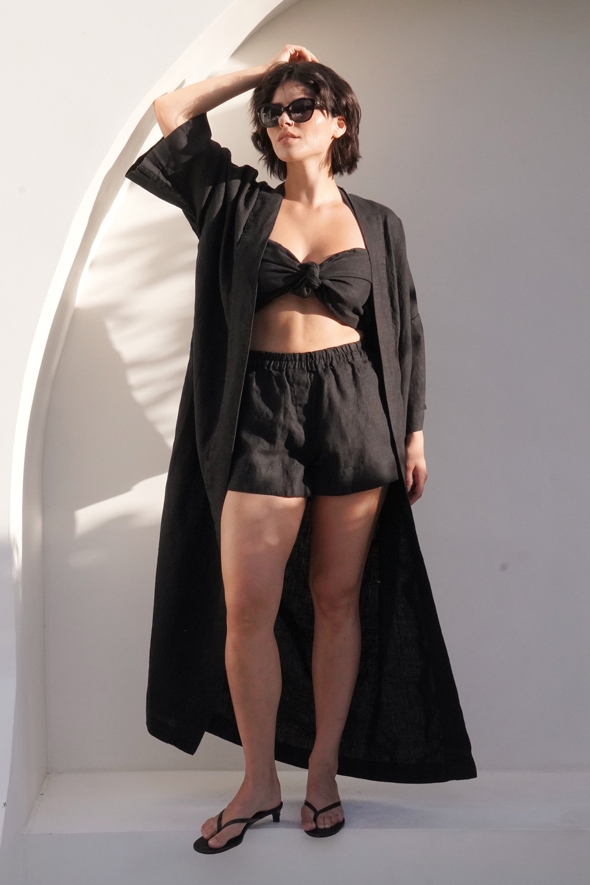 Linen Halter Top with Front Knot PETAL in Black