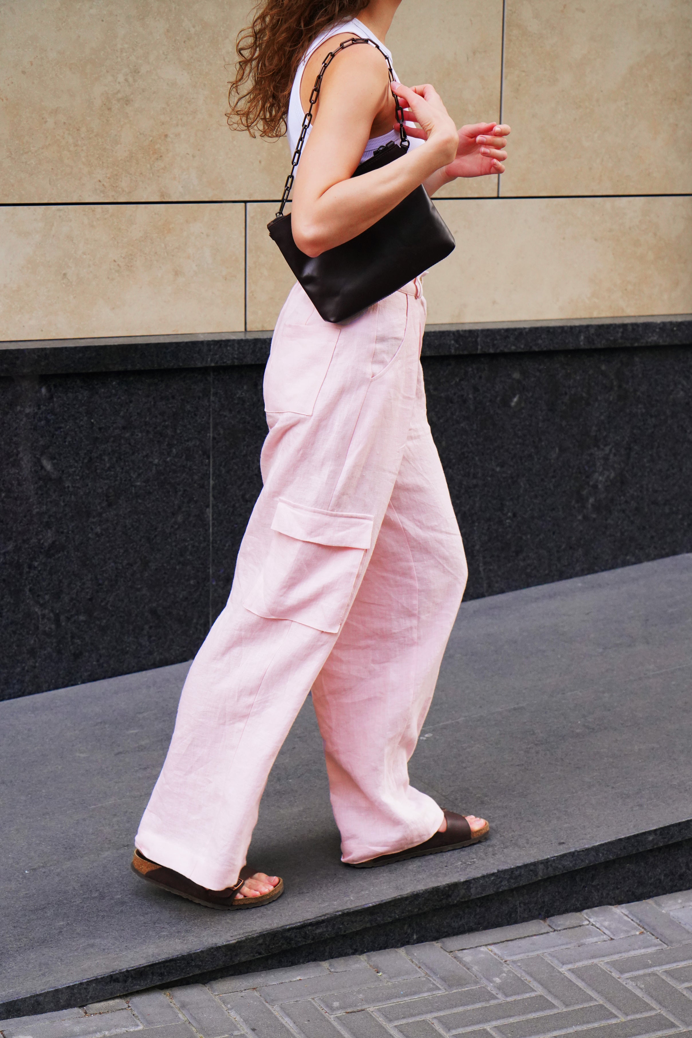 Wide Linen Cargo Pants ALBA in Light pink