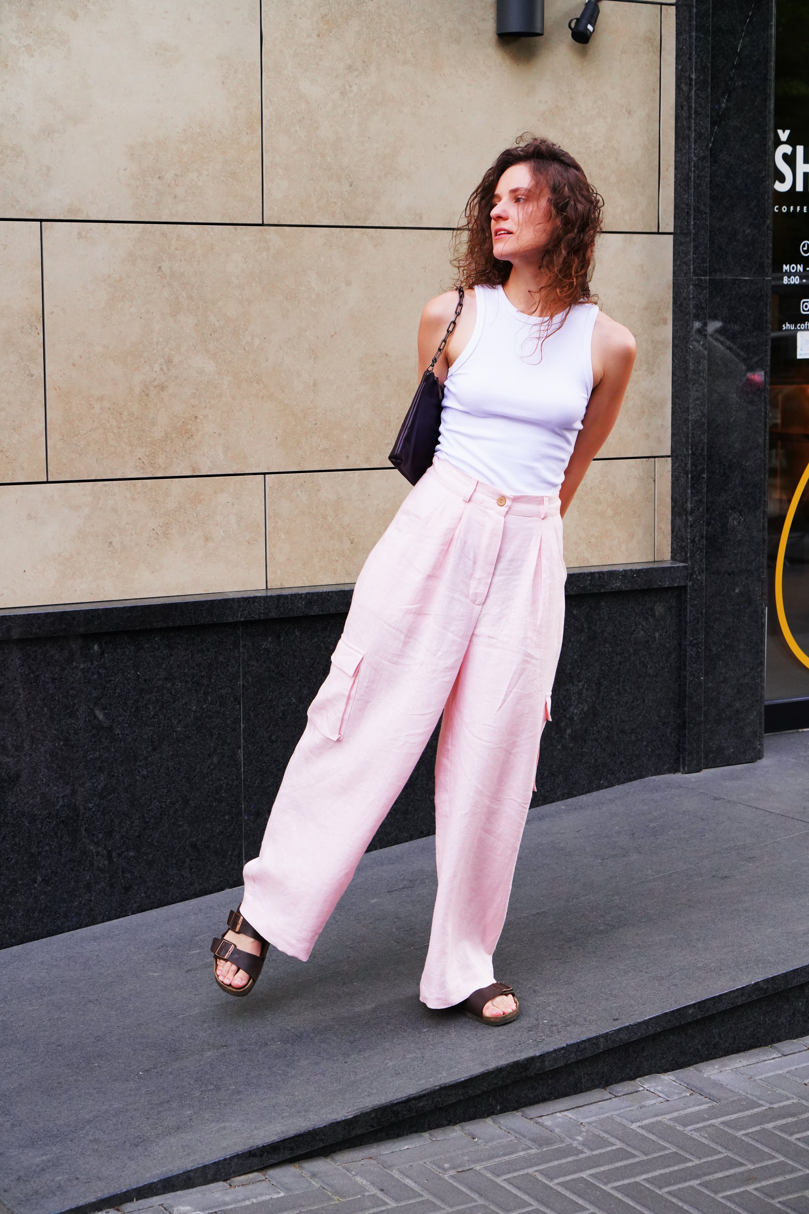Wide Linen Cargo Pants ALBA in Light pink