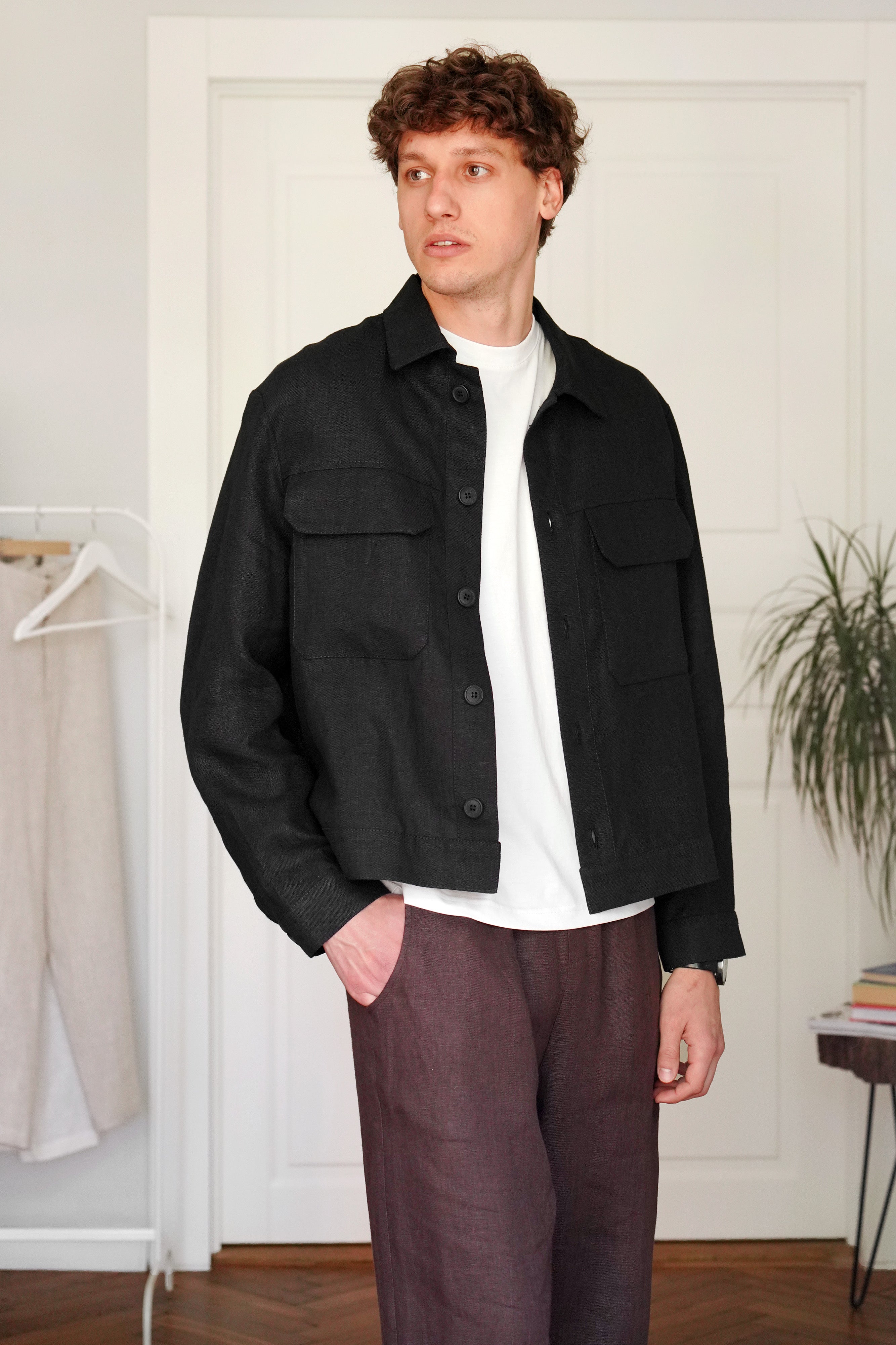 Men’s Linen Chore Jacket SEQUOIA in Black