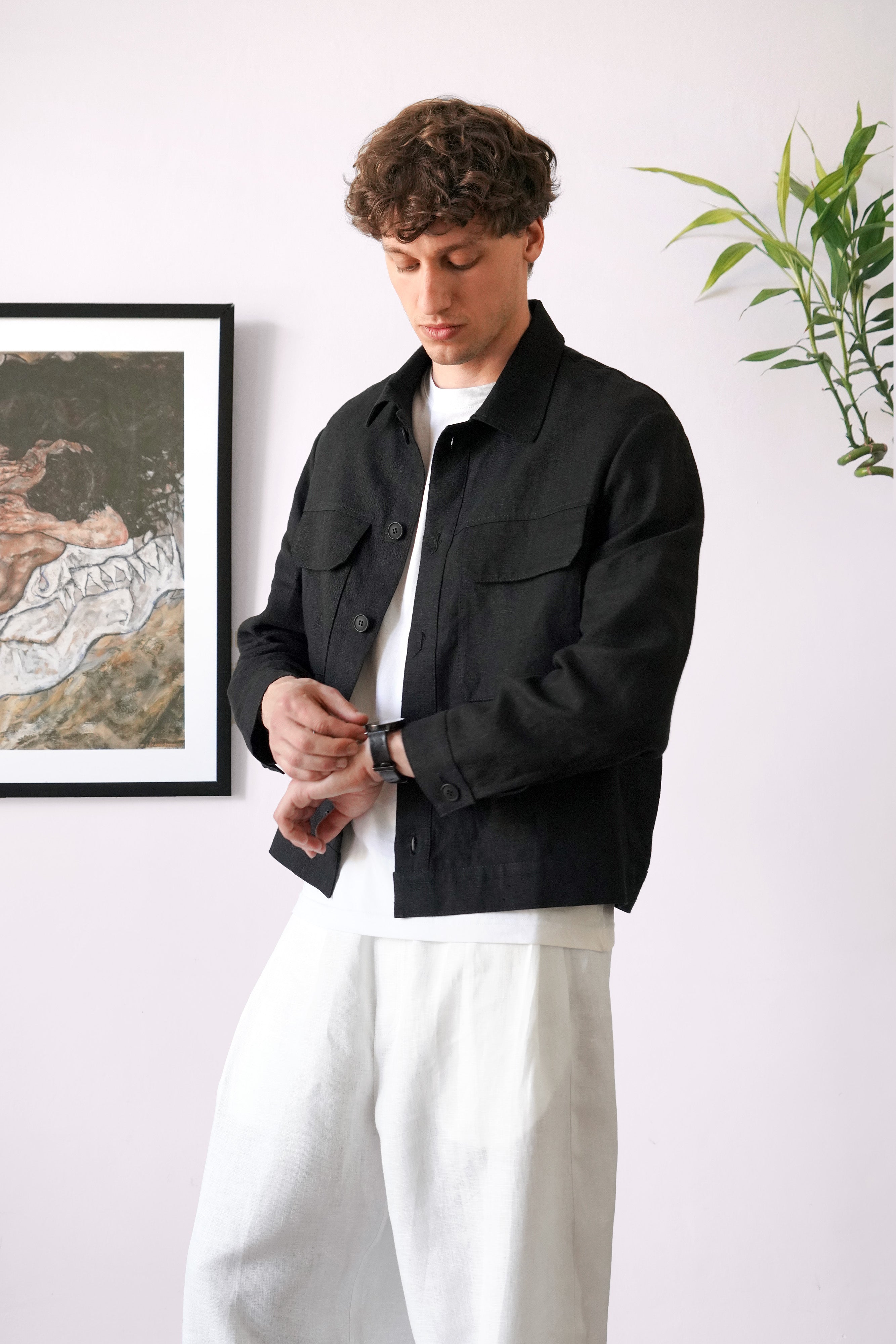 Men’s Linen Chore Jacket SEQUOIA in Black