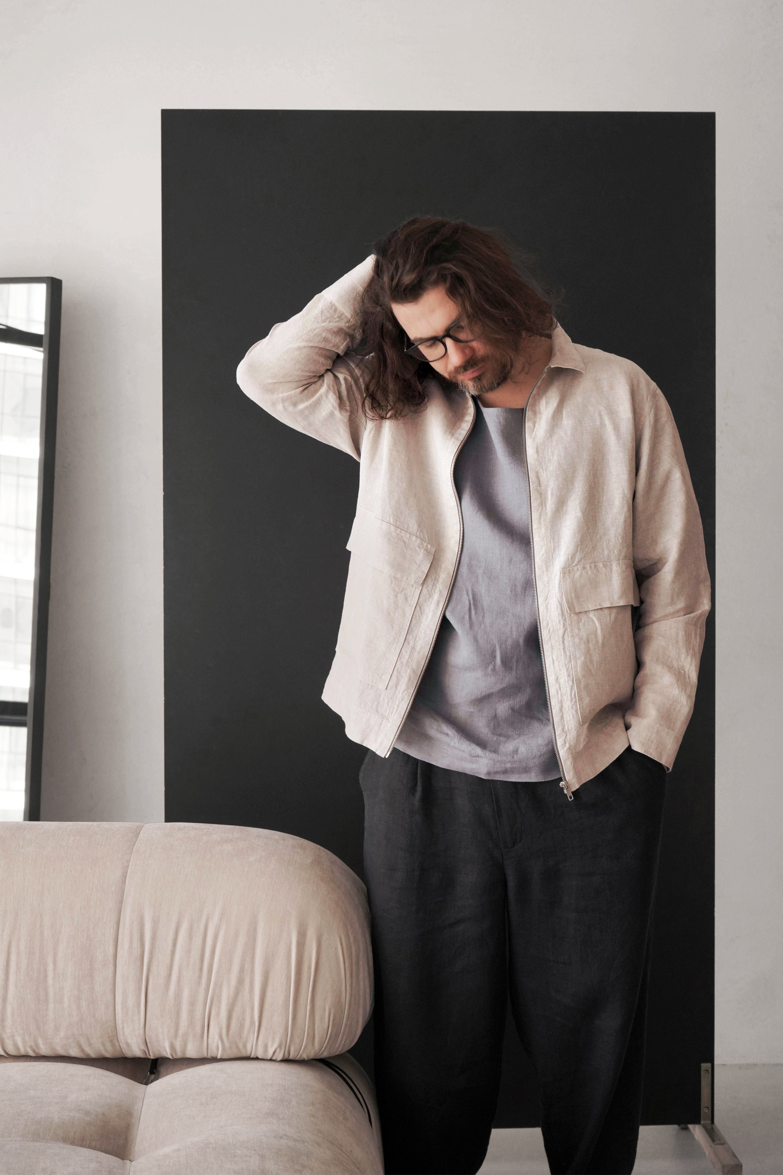 Men’s Linen Bomber Jacket BERGAMOT in Beige