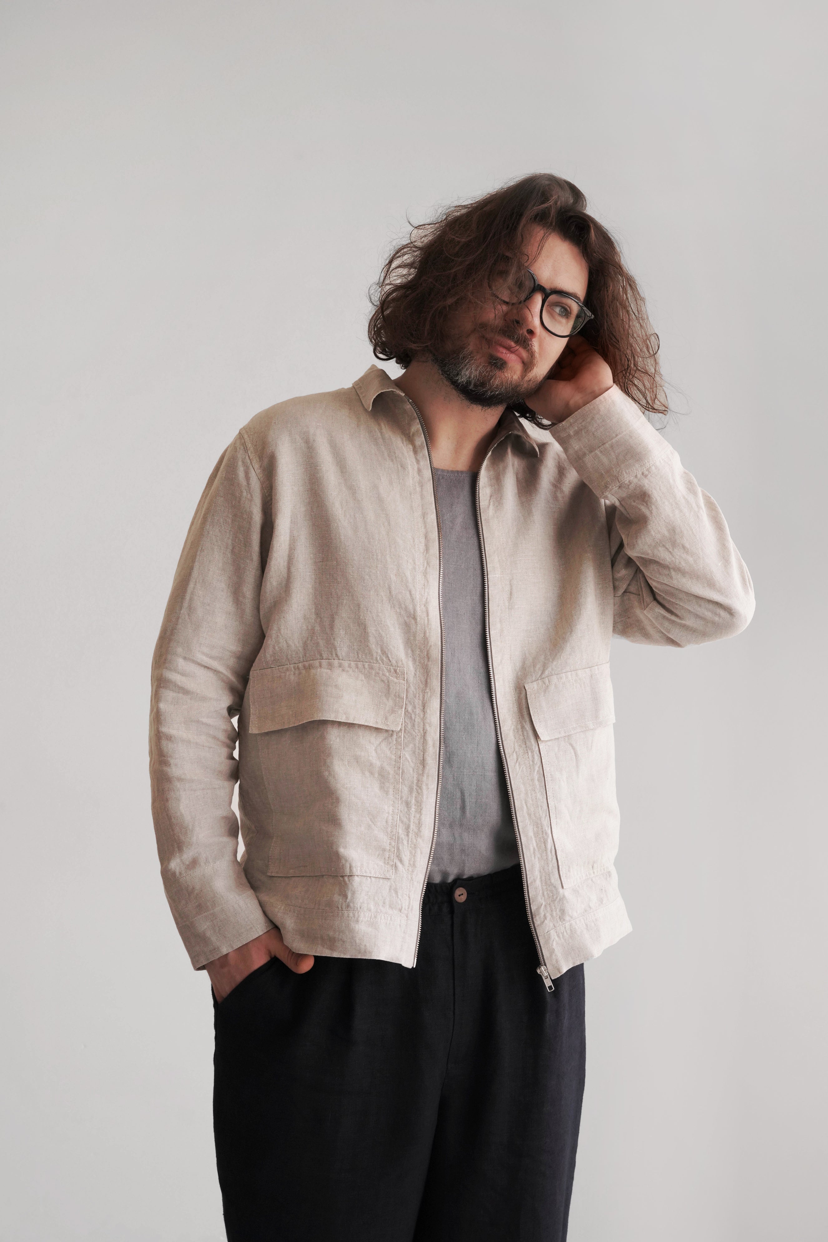 Men's Linen Bomber Jacket BERGAMOT in Beige