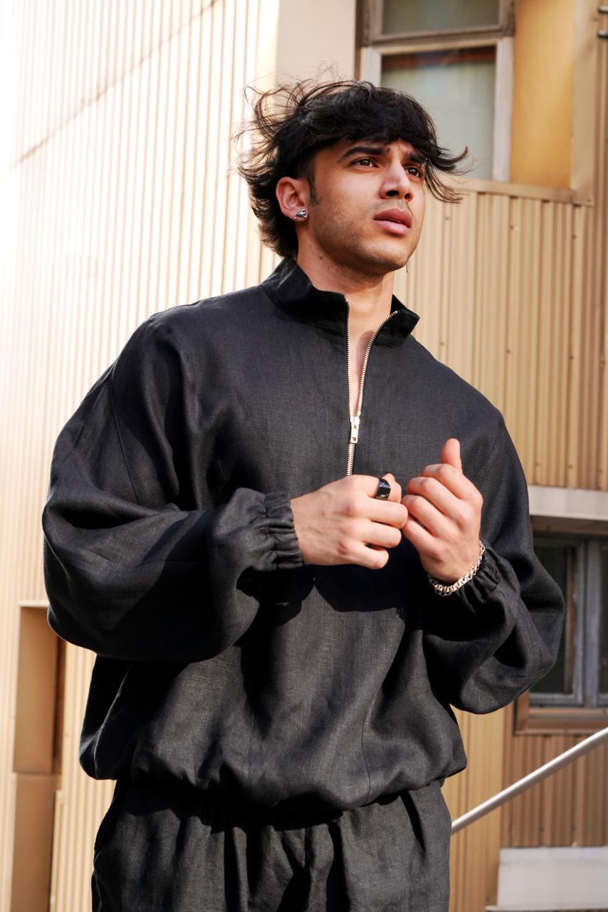 Oversized linen sweatshirt CLOVER in Black