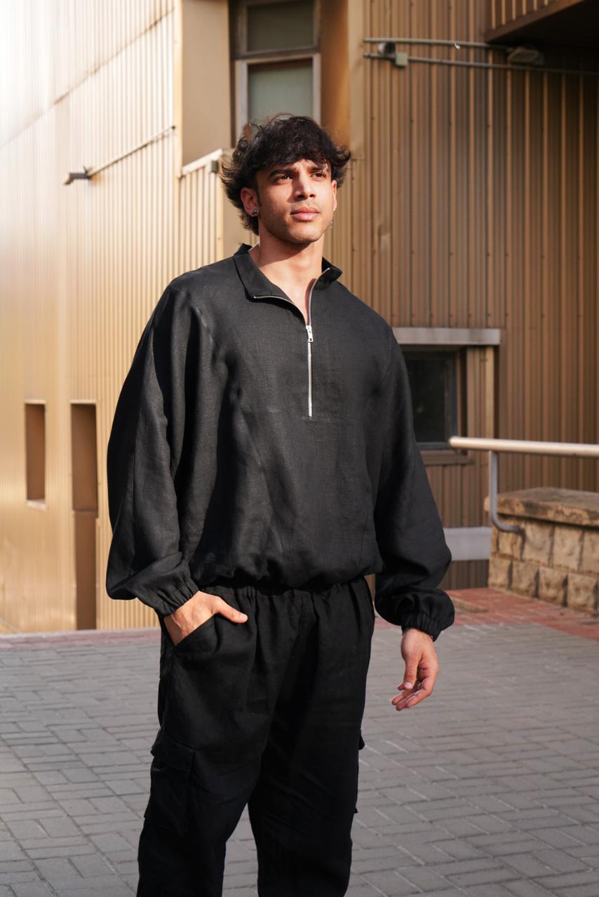 Oversized linen sweatshirt CLOVER in Black