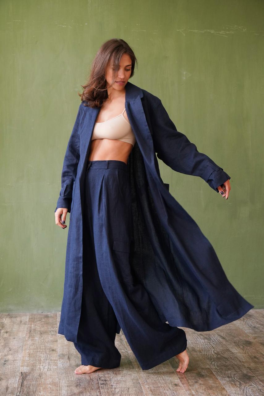 Women’s long linen trench Dark blue