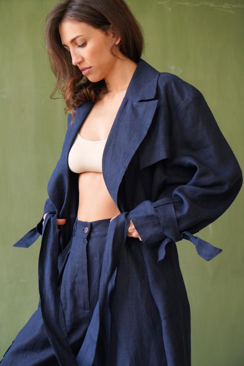 Women’s long linen trench Dark blue