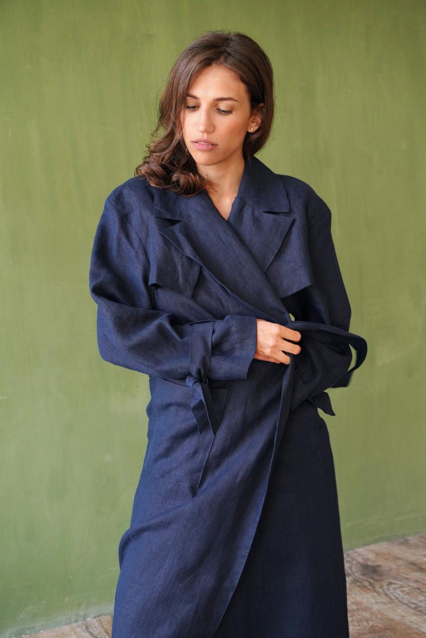 Women’s long linen trench Dark blue