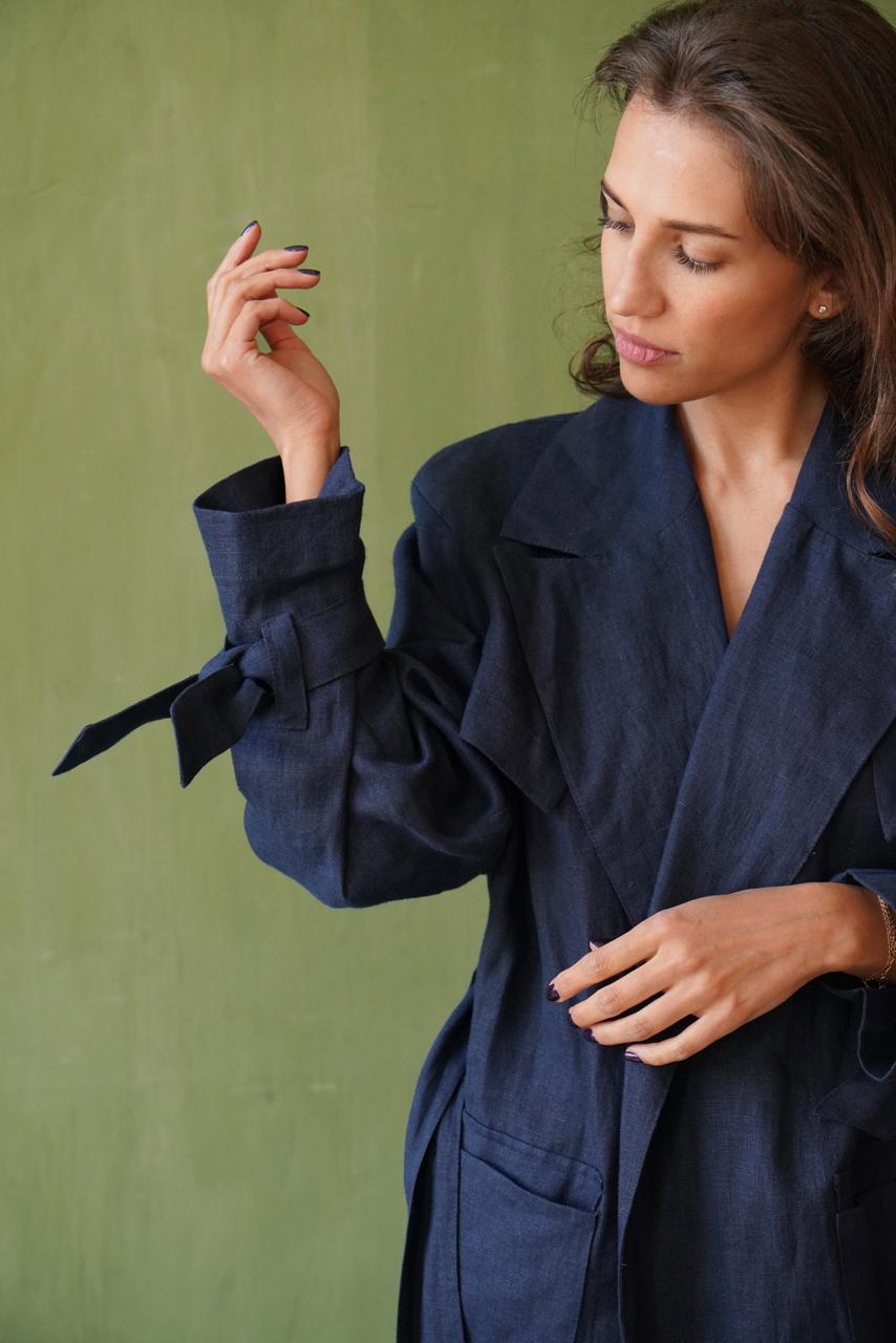 Women’s long linen trench Dark blue