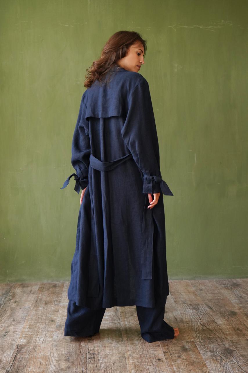 Women’s long linen trench Dark blue