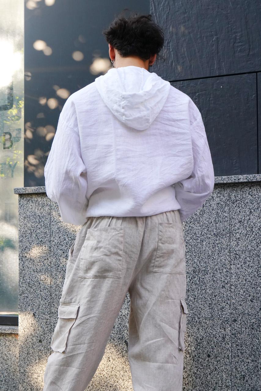 Men’s Linen Oversized Hooded Jacket White