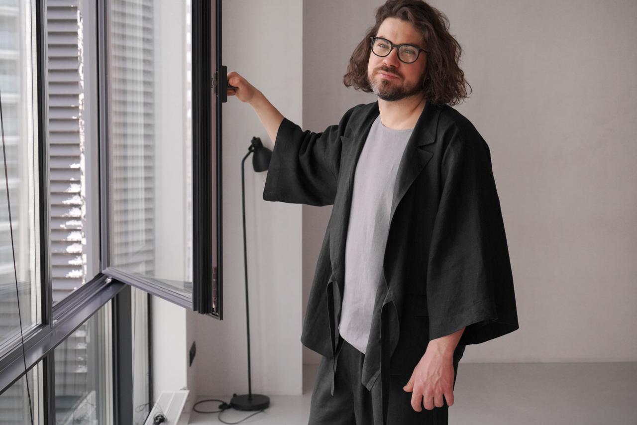 Mens Linen Kimono Jacket SAKURA in Black