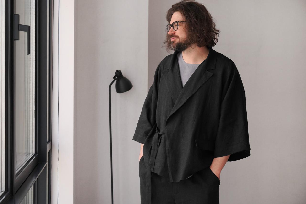 Mens Linen Kimono Jacket SAKURA in Black