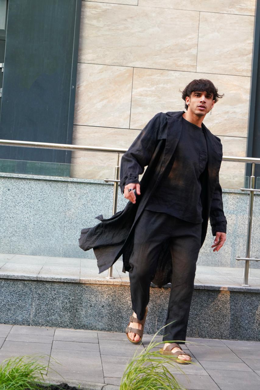 Men's Long Linen Trench BLACKTHORN in Black
