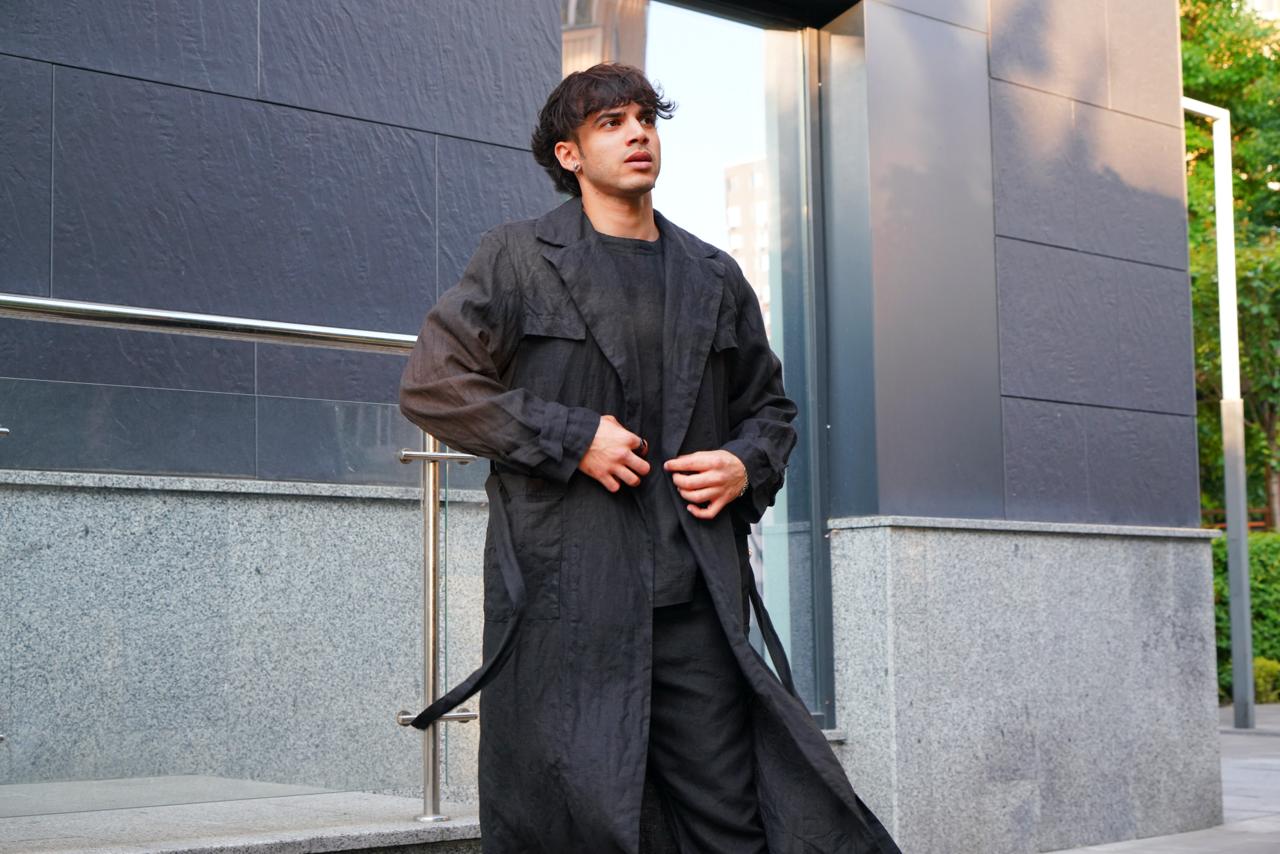 【着丈128cm】Super Long Coat 黒 sullen Men's Long Linen Trench BLACKTHORN in Black