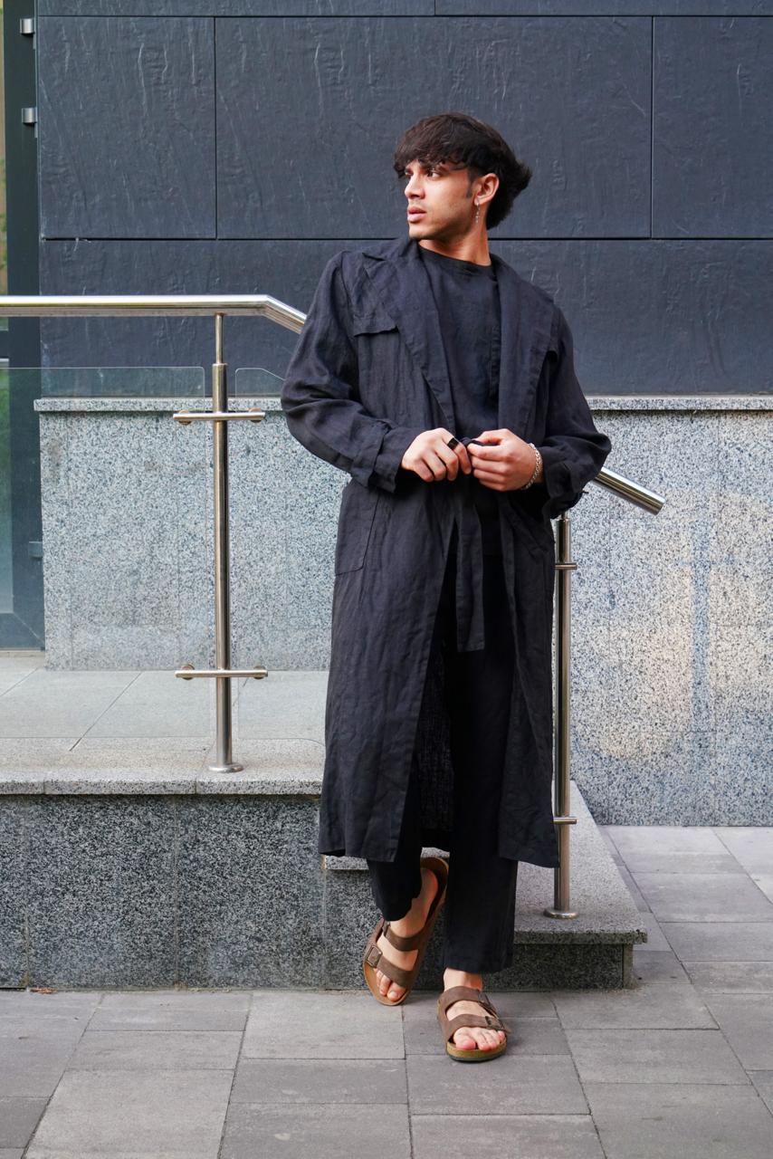 Men’s Long Linen Trench BLACKTHORN in Black